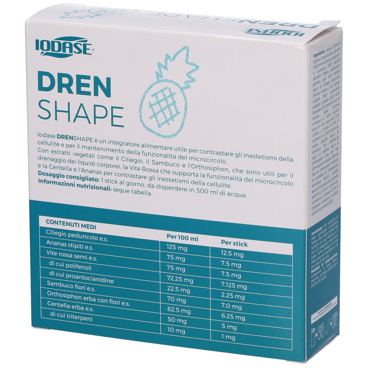 Retro della confezione Iodase Drenshape Stick. Contiene informazioni nutrizionali e ingredienti. Bianco e blu.