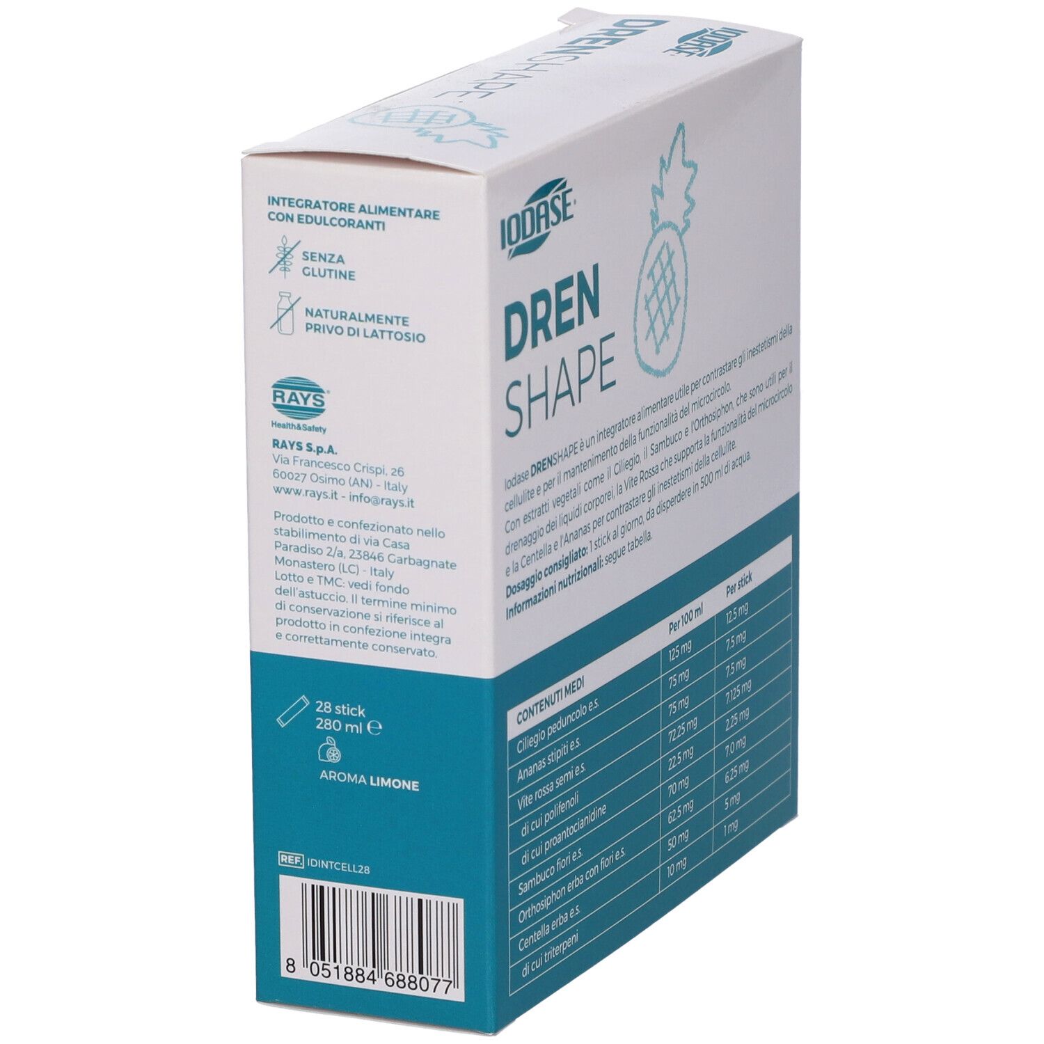Vista laterale della confezione Iodase Drenshape Stick. Contiene ingredienti e informazioni nutrizionali. Bianco e blu.