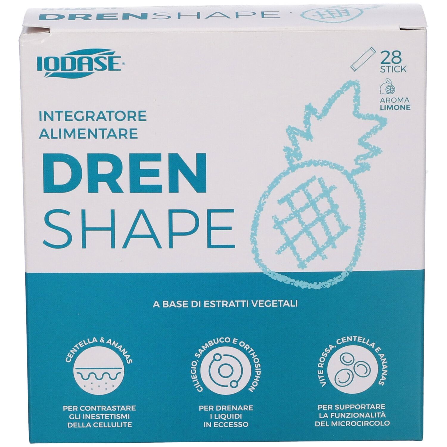 Vista frontale della confezione Iodase Drenshape Stick. Bianca e blu, con nome del prodotto e illustrazioni.
