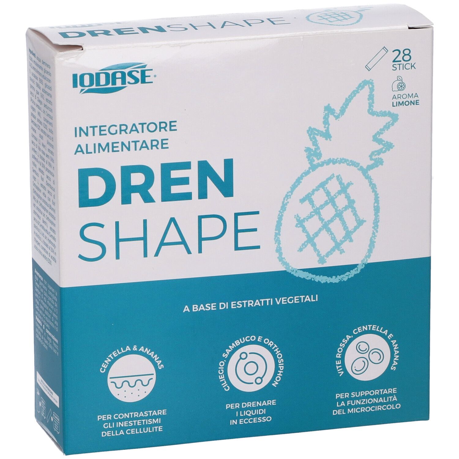 Vista frontale della confezione Iodase Drenshape Stick. Bianca e blu, con nome del prodotto e illustrazioni.