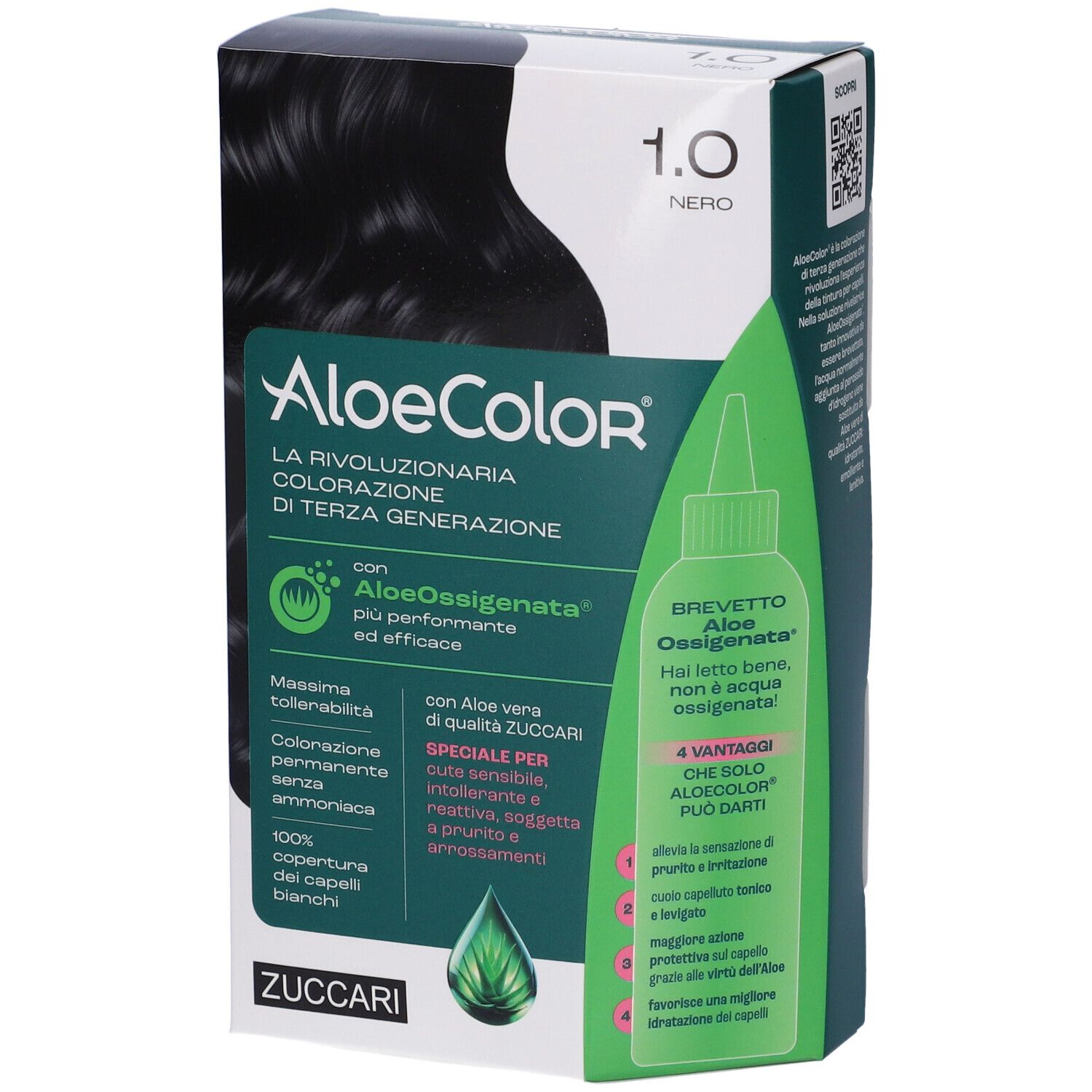 Scatola ALOECOLOR 1.0-nero. Esempio di capelli neri. Testo: AloeColor, ZUCCARI, AloeOssigenata, massima tollerabilità.