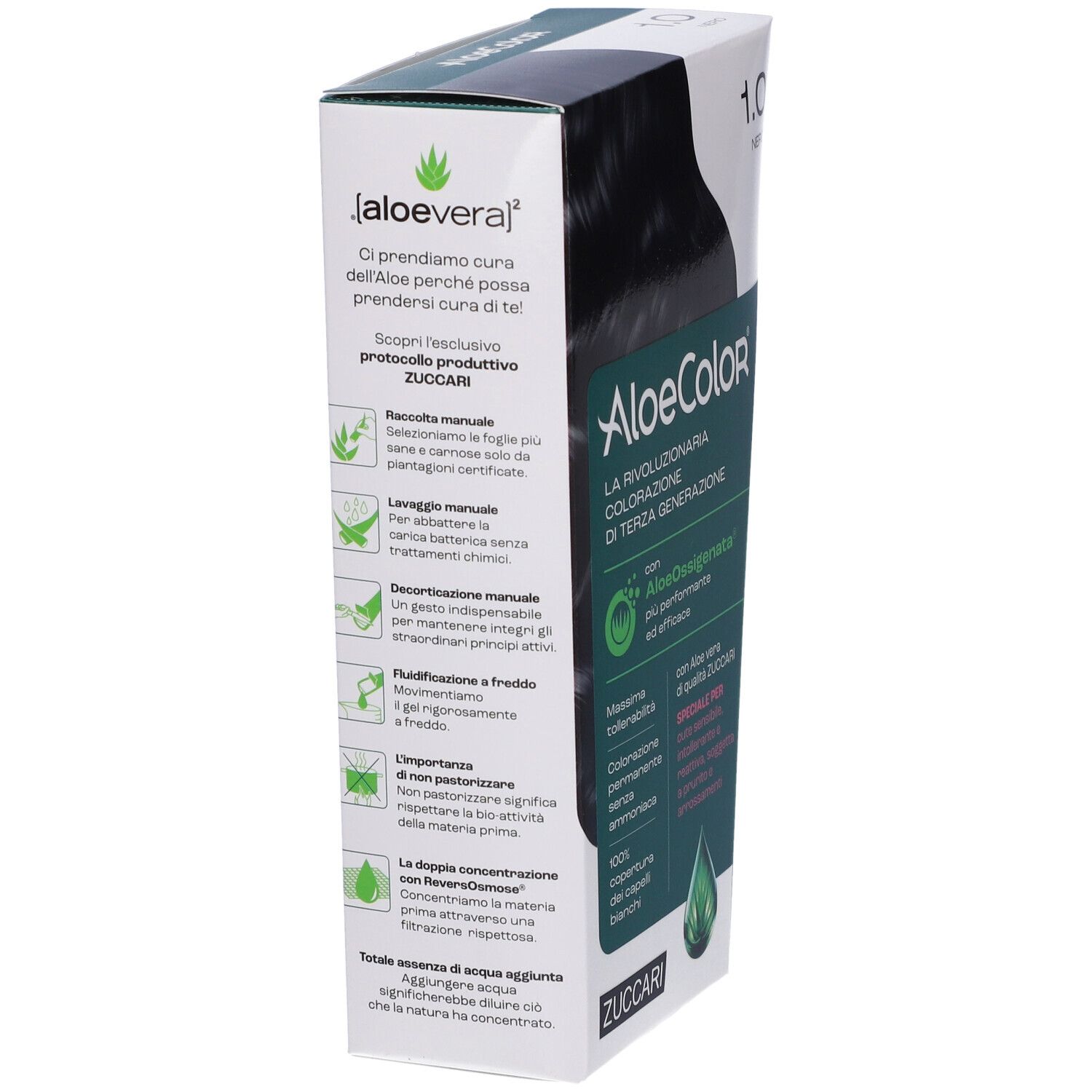 Scatola ALOECOLOR 1.0-nero, vista laterale. Testo: AloeColor, ZUCCARI, AloeOssigenata, massima tollerabilità, copertura 100%.