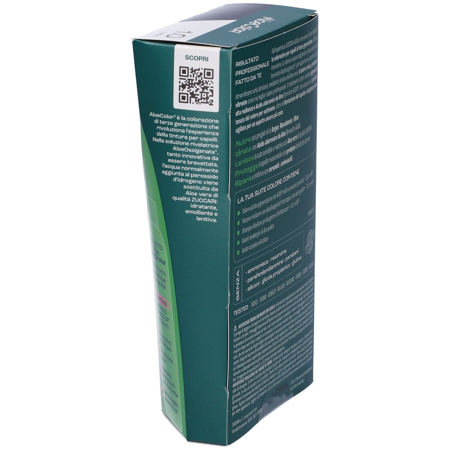 Scatola ALOECOLOR 1.0-nero, vista obliqua. Testo: AloeColor, ZUCCARI, codice QR, senza ammoniaca, resorcina, siliconi.