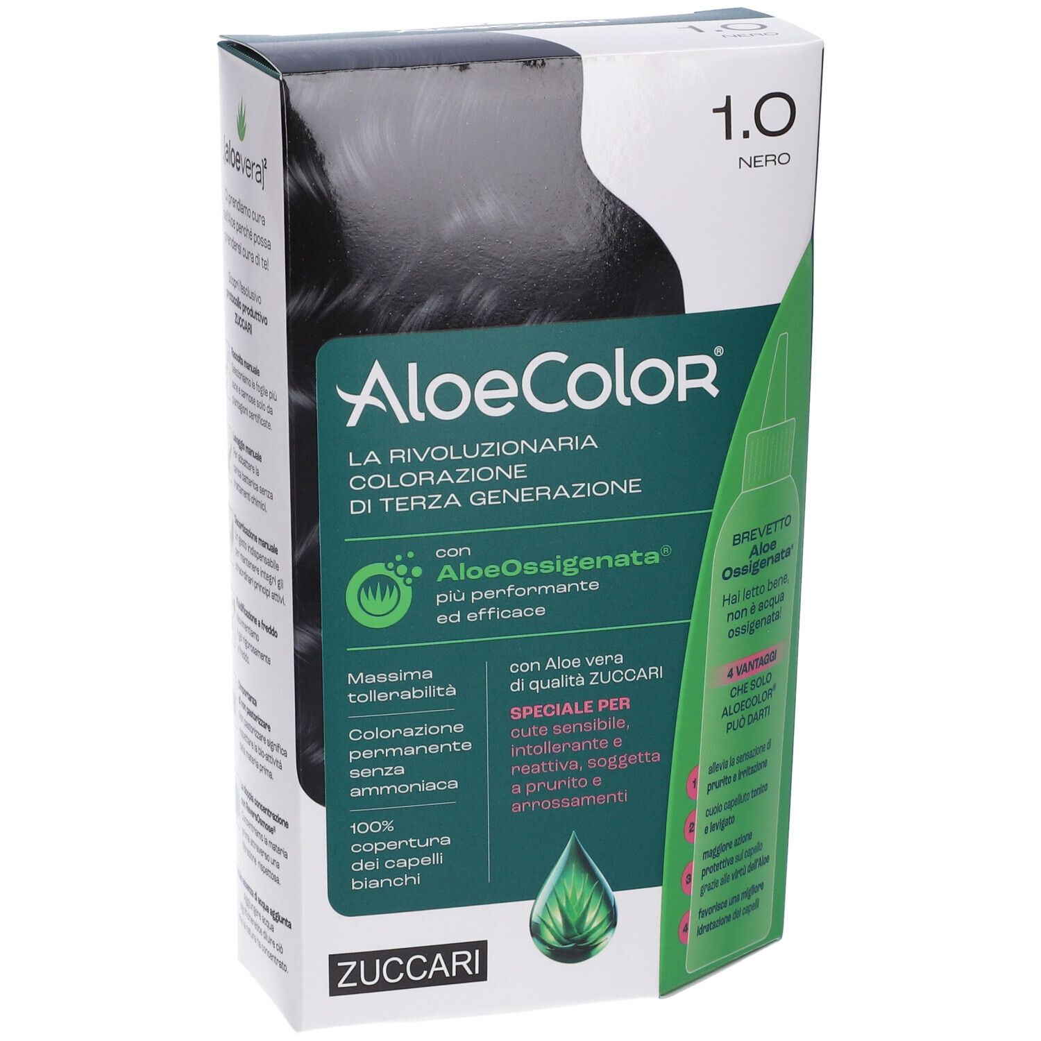 Scatola ALOECOLOR 1.0-nero. Esempio di capelli neri. Testo: AloeColor, ZUCCARI, AloeOssigenata, massima tollerabilità.