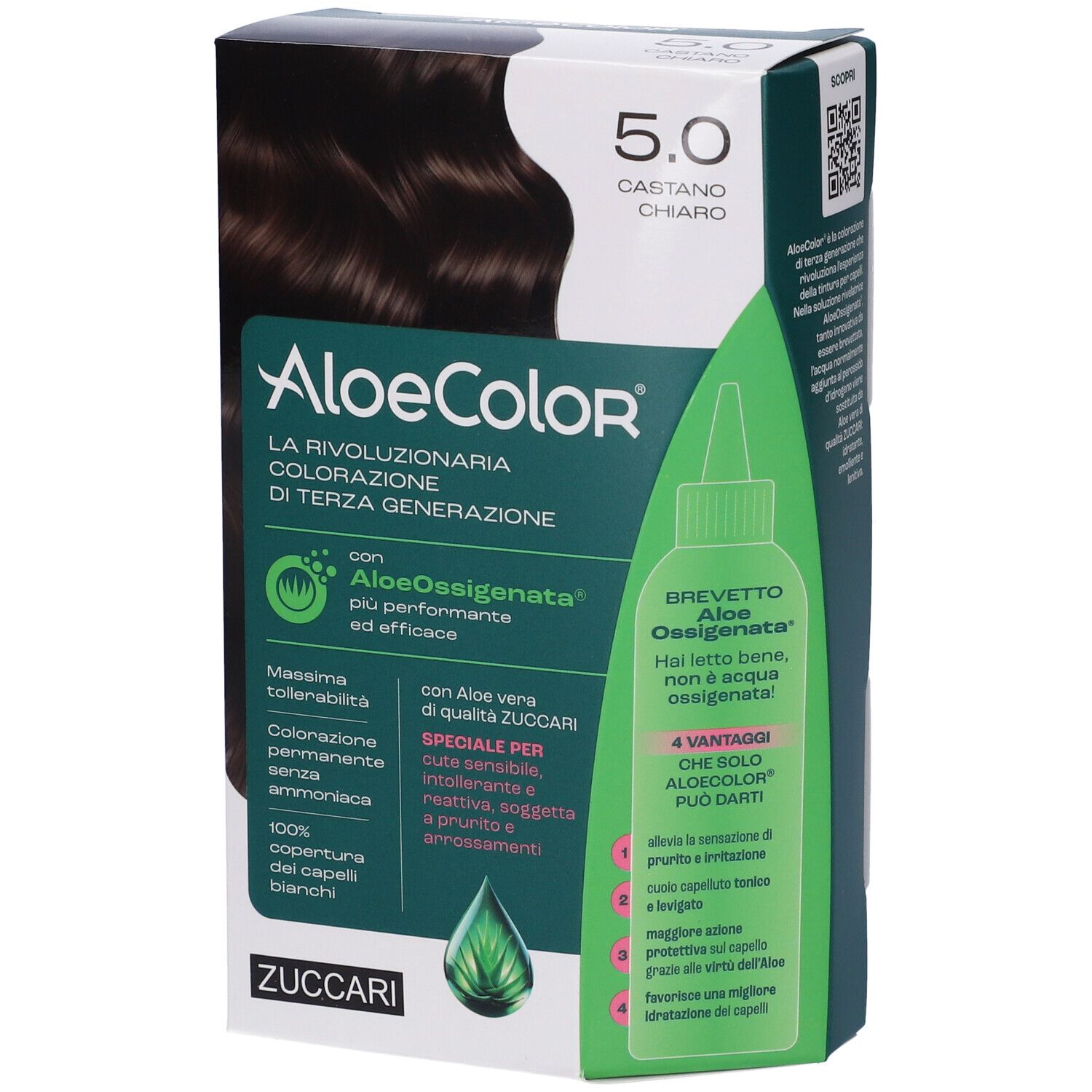Confezione ALOECOLOR 5.0-castano chiaro. Immagine del prodotto e informazioni. Logo ZUCCARI.
