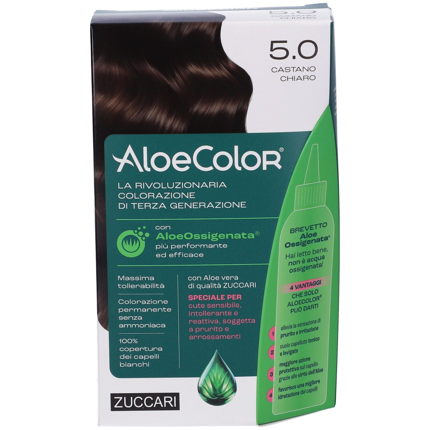 Confezione ALOECOLOR 5.0-castano chiaro. Immagine del prodotto e informazioni. Logo ZUCCARI.