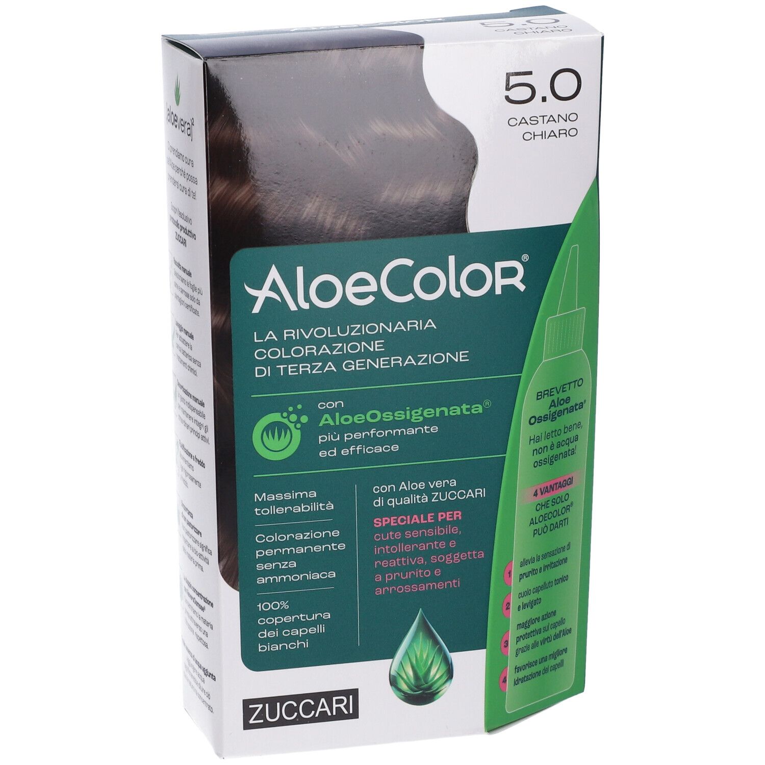 Confezione ALOECOLOR 5.0-castano chiaro. Immagine del prodotto e informazioni. Logo ZUCCARI.