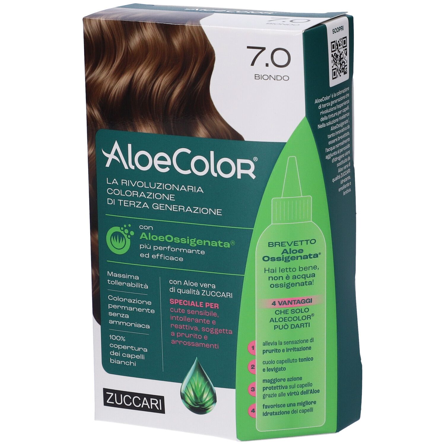 Confezione di colorazione per capelli ALOECOLOR 7.0-biondo. Immagine e informazioni. Contiene Aloe Vera e AloeOssigenata.