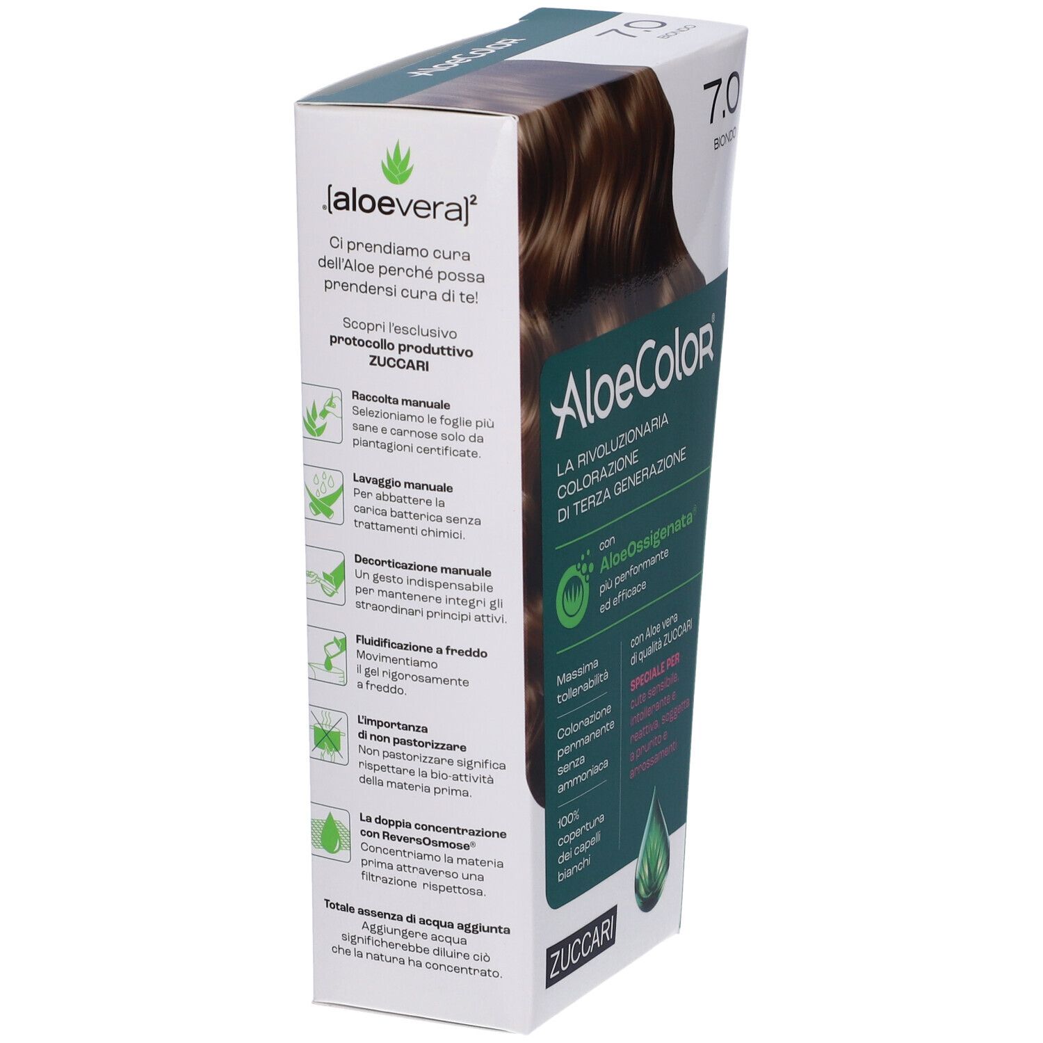Confezione di colorazione per capelli ALOECOLOR 7.0-biondo. Vista laterale con informazioni e ingredienti. Contiene aloe vera.