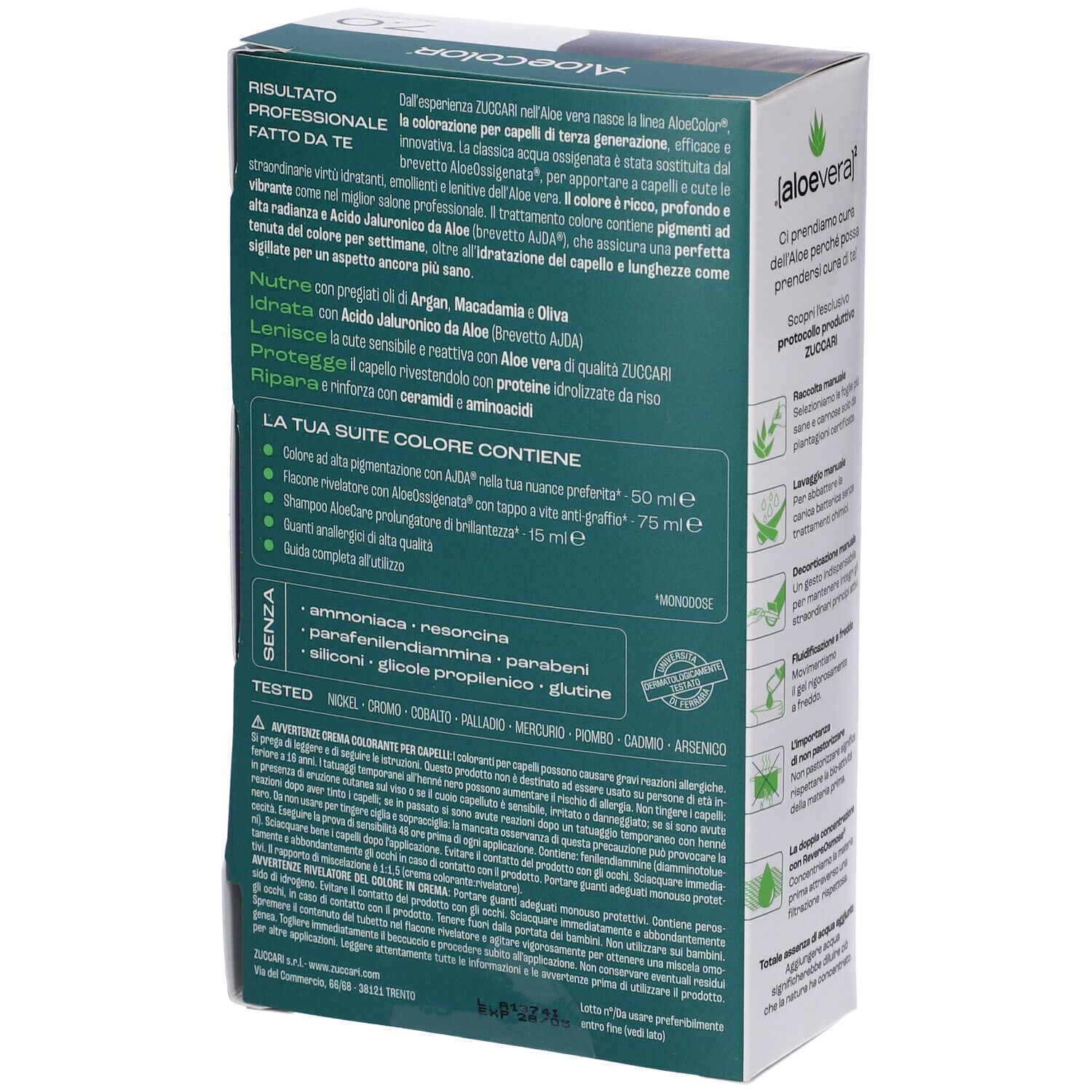 Confezione di colorazione per capelli ALOECOLOR 7.0-biondo. Retro con informazioni e ingredienti. Contiene aloe vera.