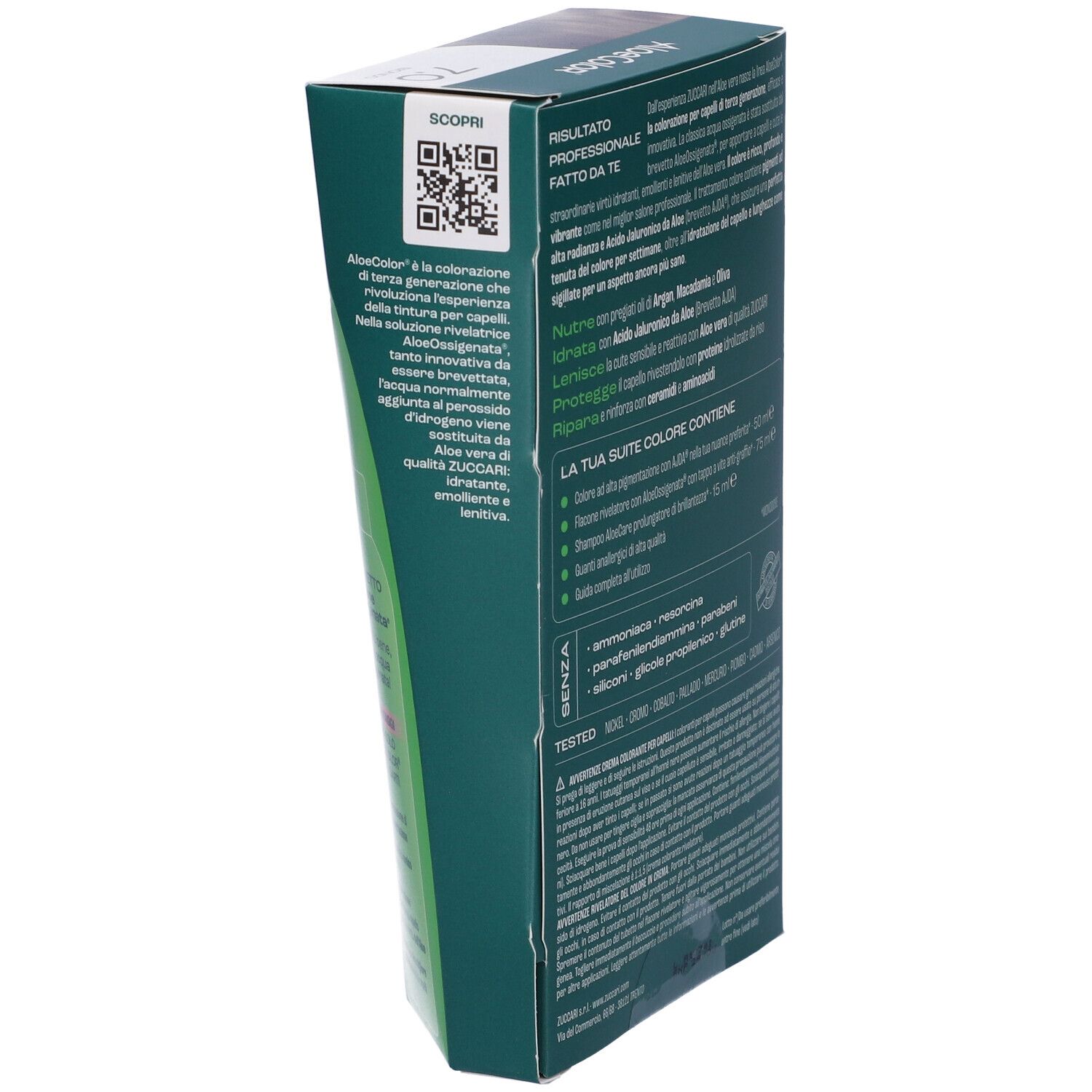 Confezione di colorazione per capelli ALOECOLOR 7.0-biondo. Vista laterale con informazioni e QR code. Contiene aloe vera.
