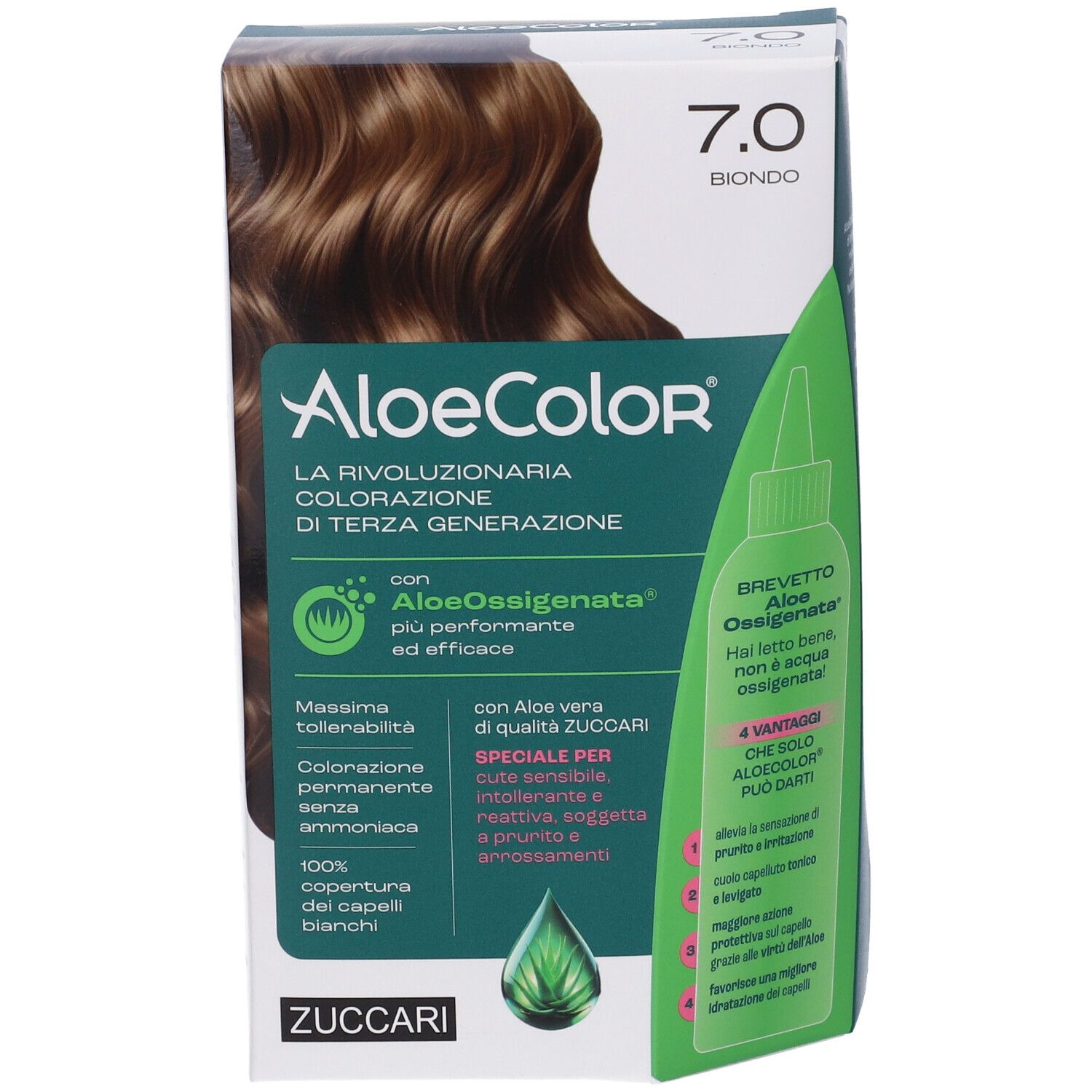 Confezione di colorazione per capelli ALOECOLOR 7.0-biondo. Immagine e informazioni. Contiene Aloe Vera e AloeOssigenata.
