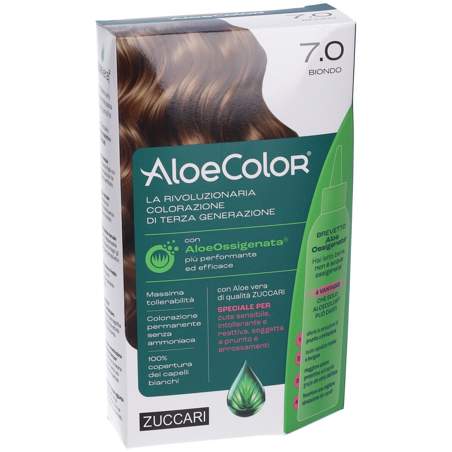 Confezione di colorazione per capelli ALOECOLOR 7.0-biondo. Immagine e informazioni. Contiene Aloe Vera e AloeOssigenata.