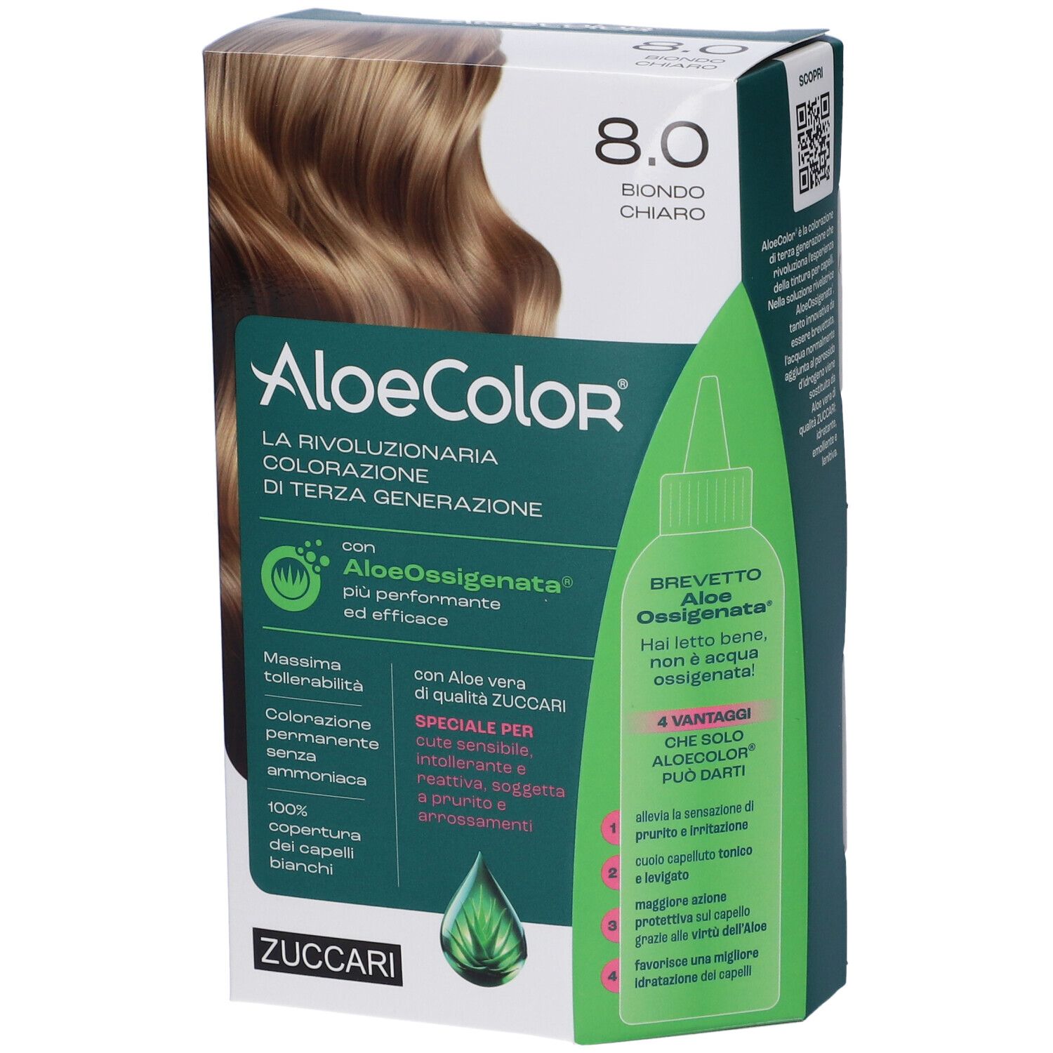 Confezione di tintura per capelli, ALOECOLOR 8.0-biondo chiaro. Ciocca bionda. Scritta verde e bianca. Logo ZUCCARI.