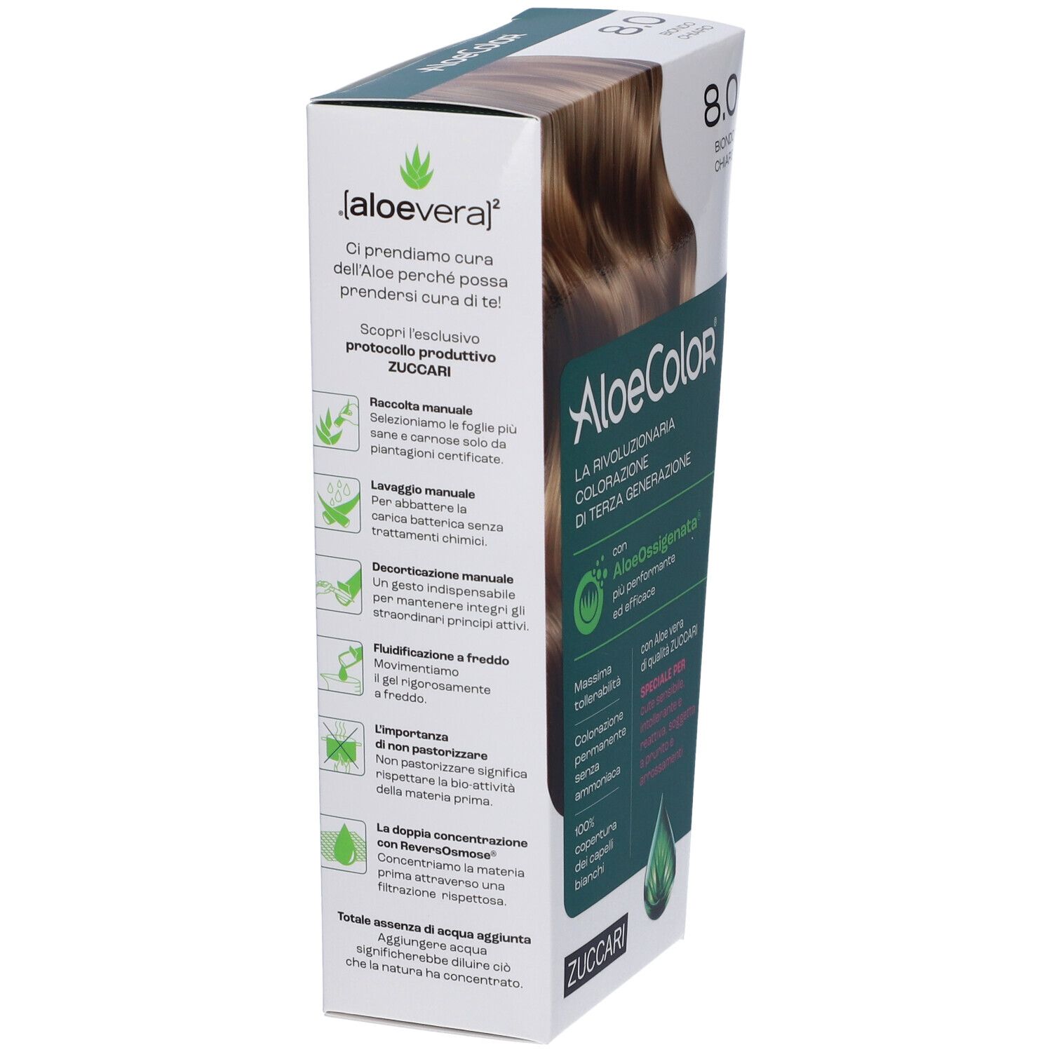 Confezione di tintura per capelli, ALOECOLOR 8.0-biondo chiaro. Ciocca bionda. Scritta verde e bianca. Logo ZUCCARI.