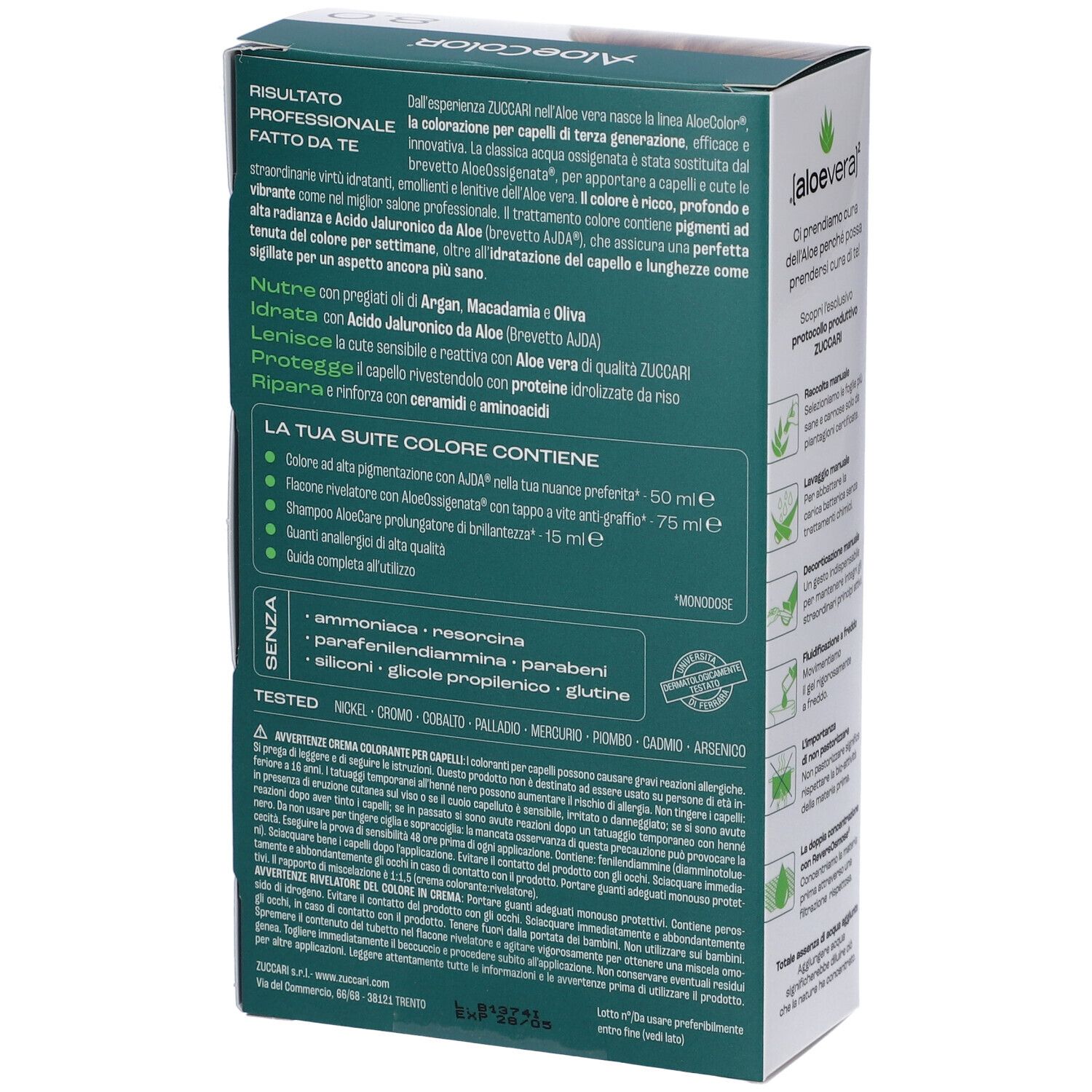 Confezione di tintura per capelli, ALOECOLOR 8.0-biondo chiaro. Ciocca bionda. Scritta verde e bianca. Logo ZUCCARI.