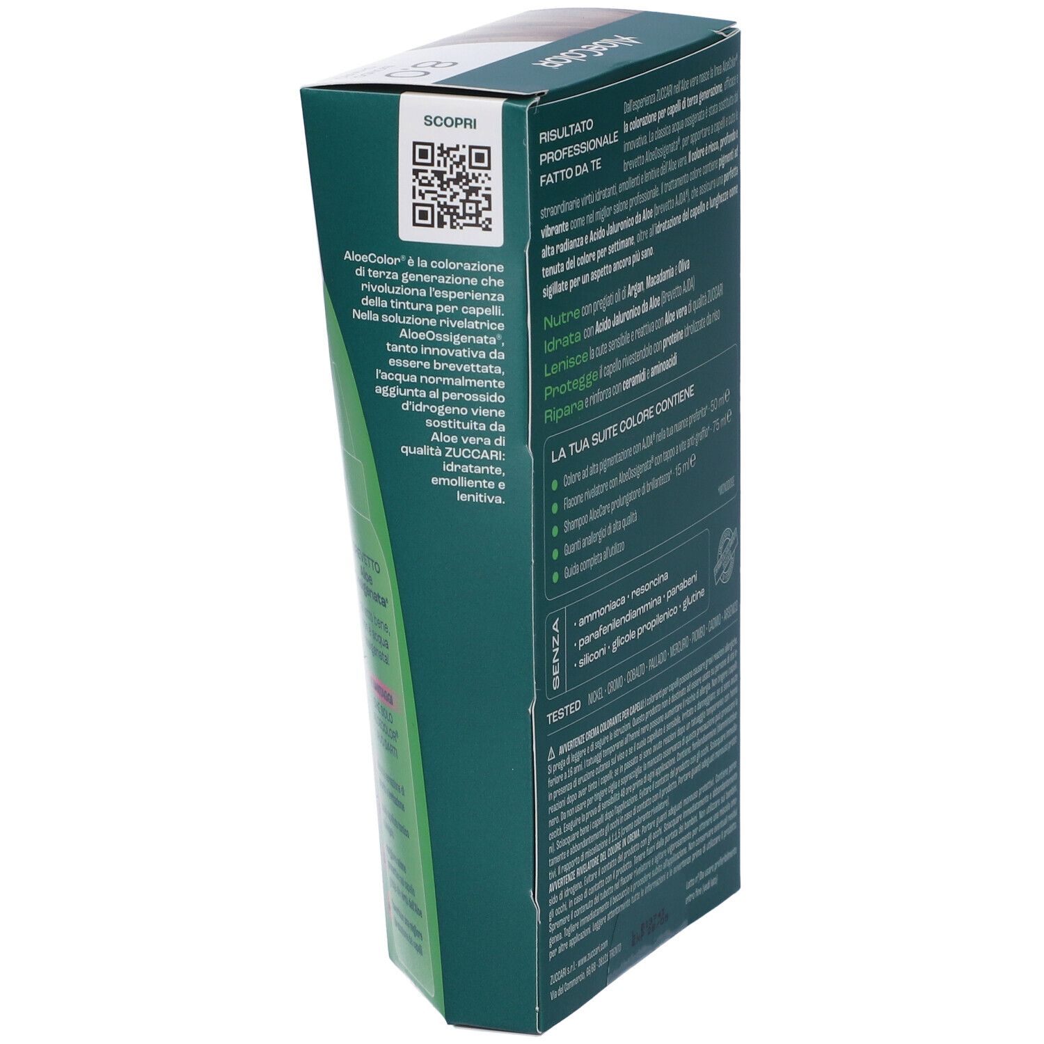 Confezione di tintura per capelli, ALOECOLOR 8.0-biondo chiaro. Ciocca bionda. Scritta verde e bianca. Logo ZUCCARI.