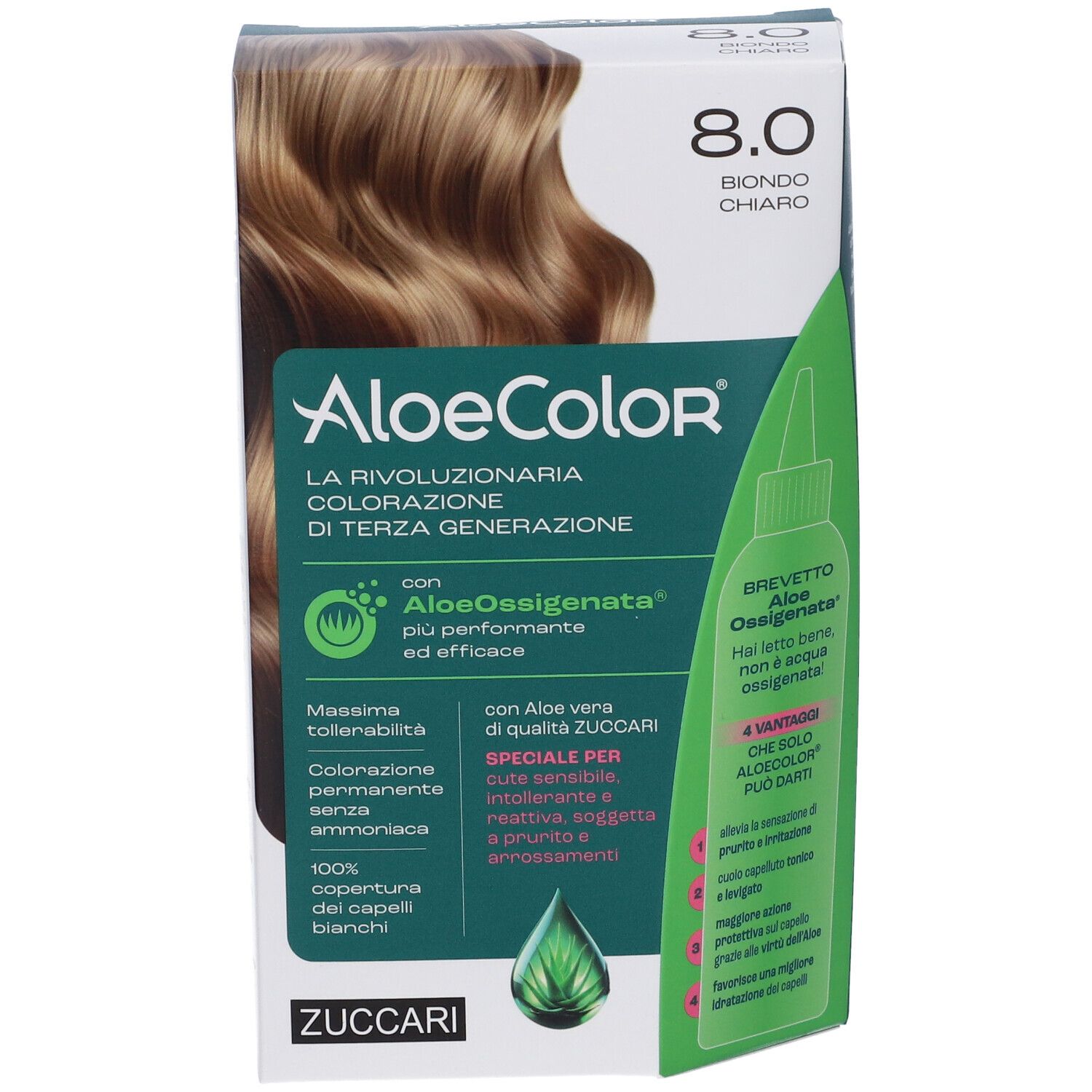 Confezione di tintura per capelli, ALOECOLOR 8.0-biondo chiaro. Ciocca bionda. Scritta verde e bianca. Logo ZUCCARI.