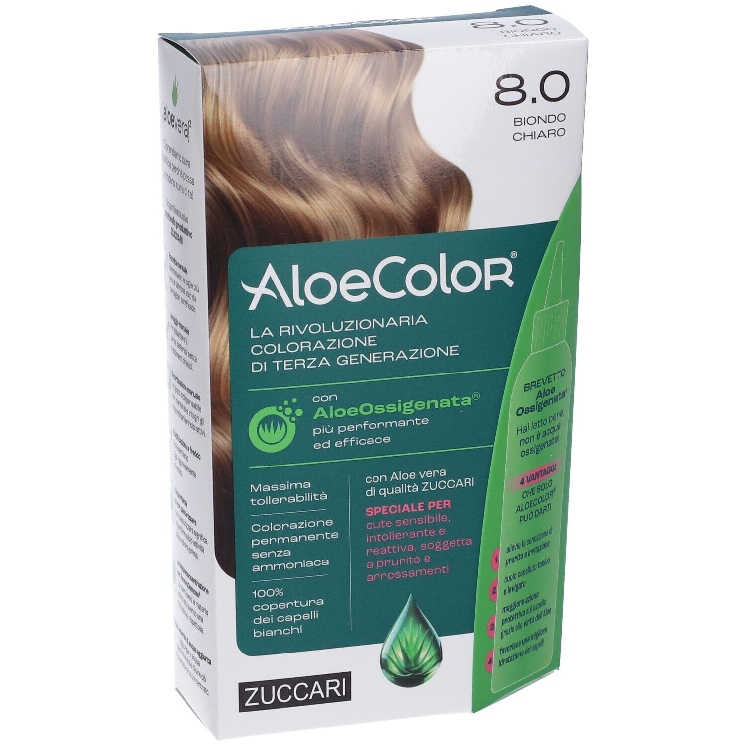 Confezione di tintura per capelli, ALOECOLOR 8.0-biondo chiaro. Ciocca bionda. Scritta verde e bianca. Logo ZUCCARI.