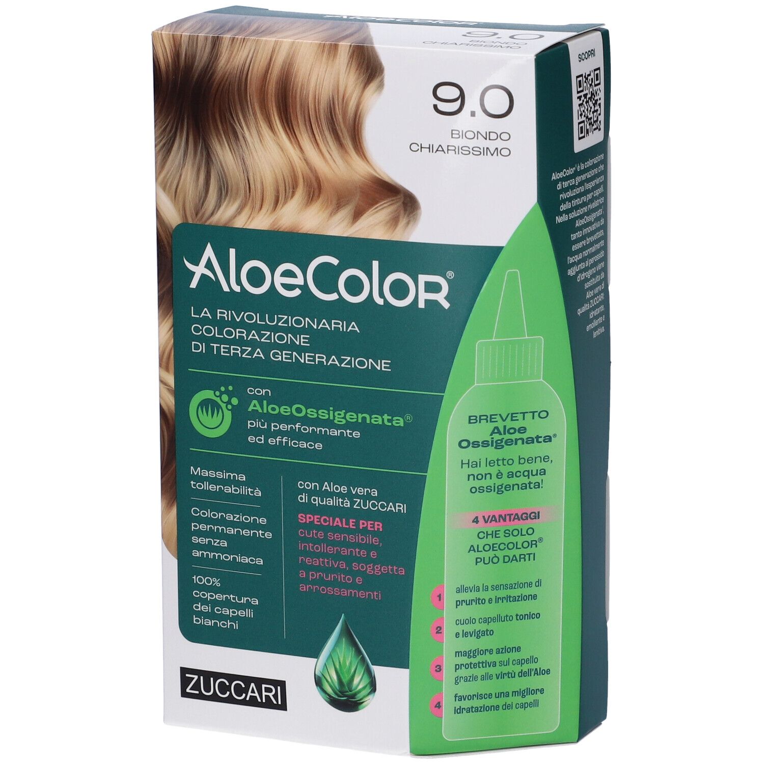 Scatola di tintura per capelli con immagine e testo. Scritto: 9.0 Biondo Chiarissimo. Marchio: AloeColor.