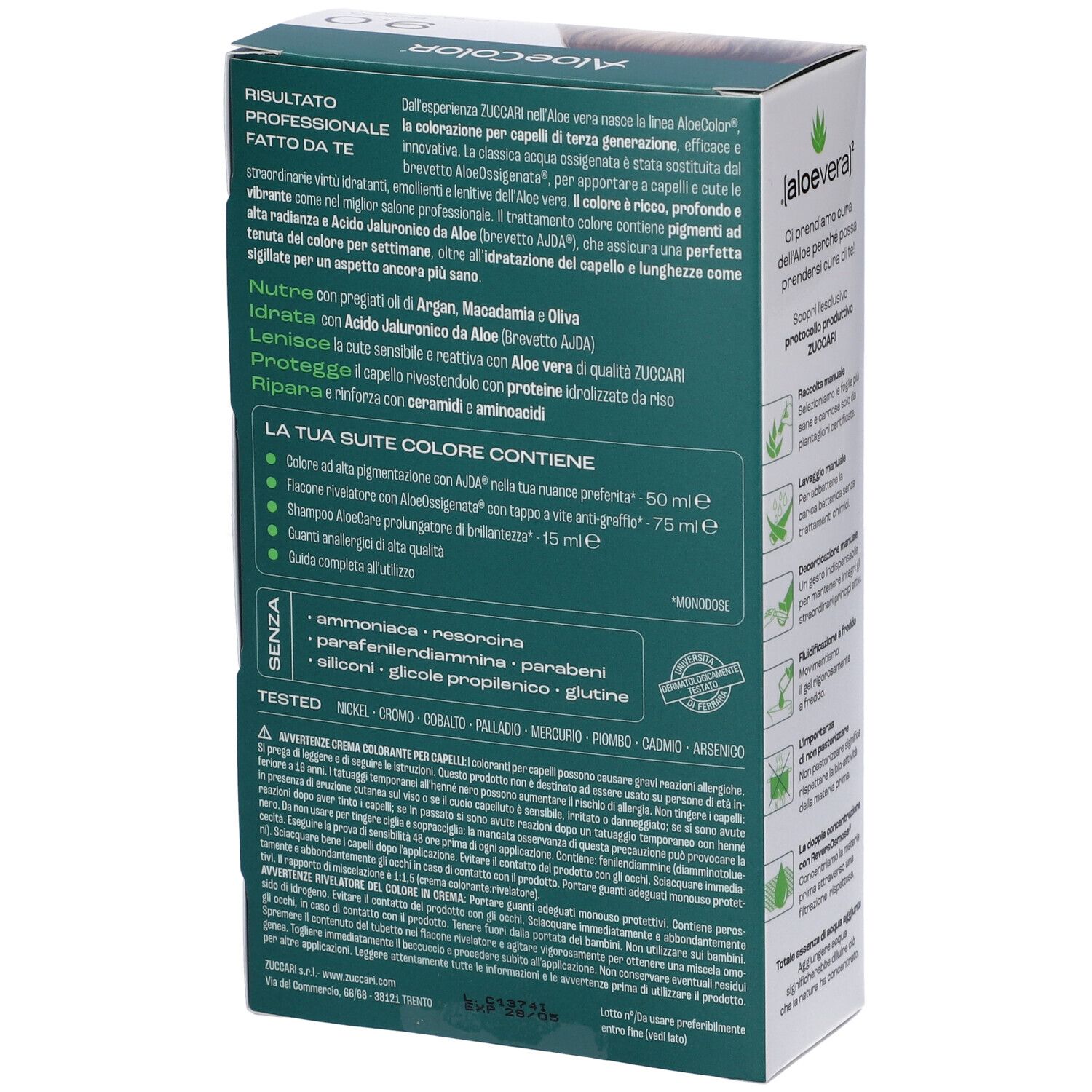 Scatola di tintura per capelli con testo e logo. Scritto: AloeColor. Contiene informazioni sul prodotto e sugli ingredienti.