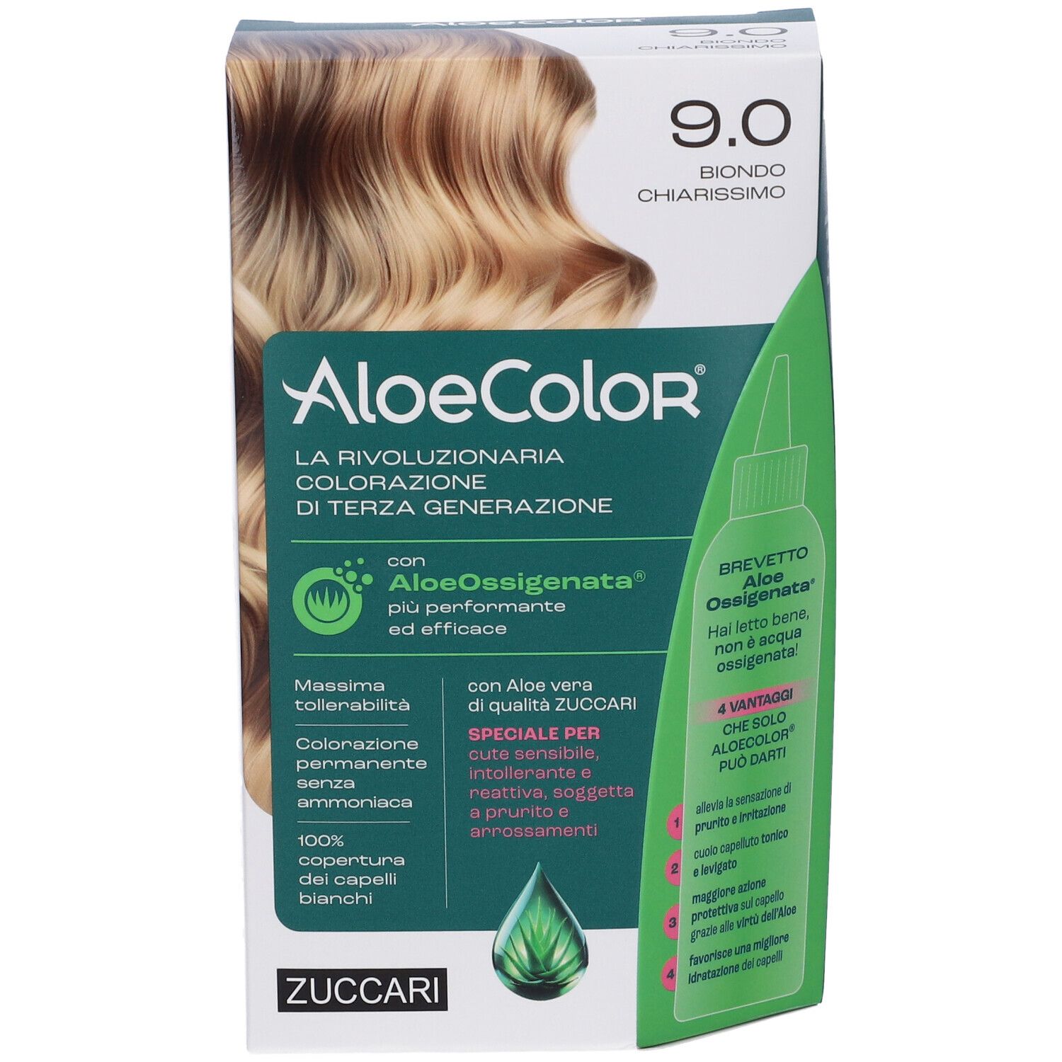 Scatola di tintura per capelli con immagine e testo. Scritto: 9.0 Biondo Chiarissimo. Marchio: AloeColor.