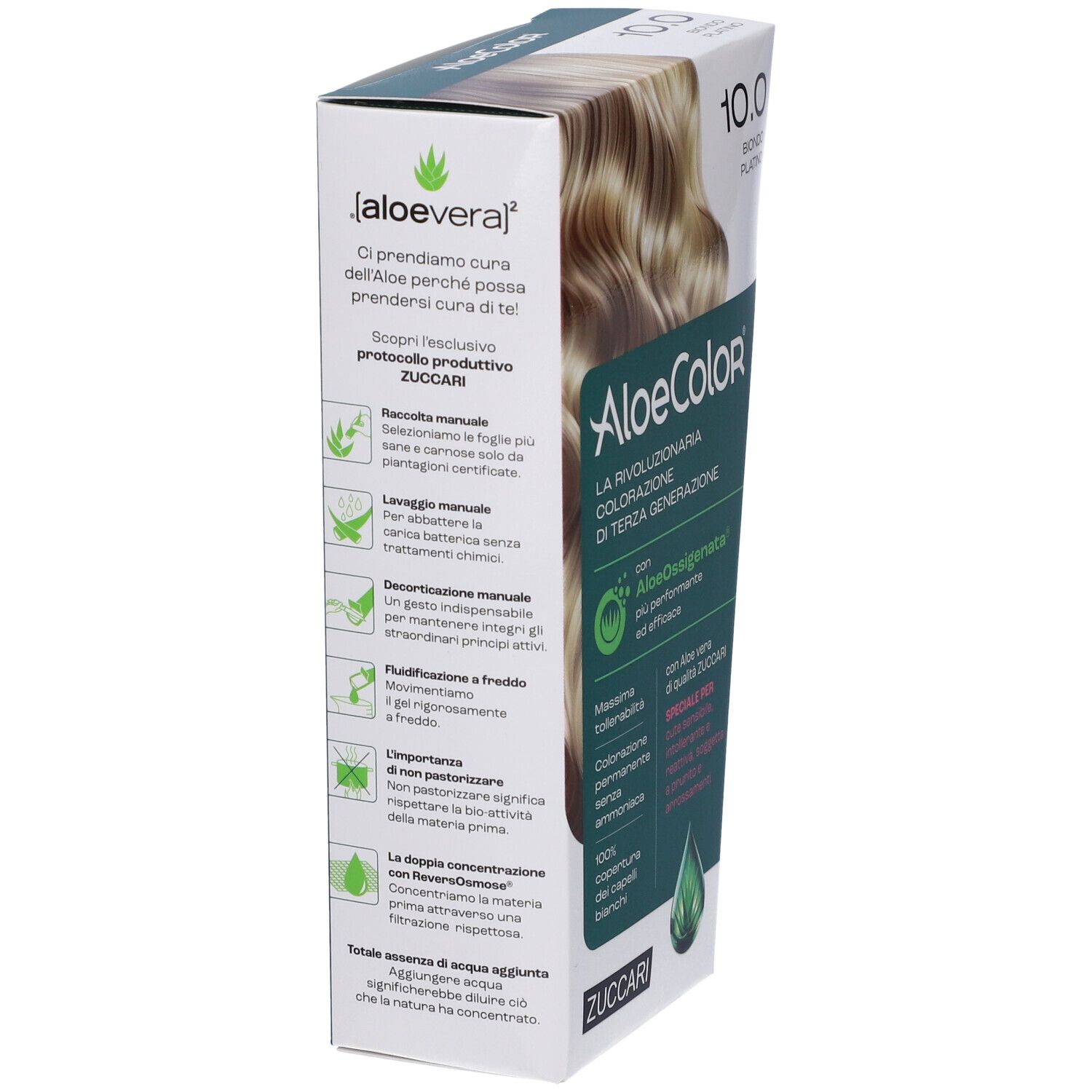 ALOECOLOR 10.0-biondo platino. Confezione con testo e informazioni sul prodotto. Include una bottiglia con applicatore.