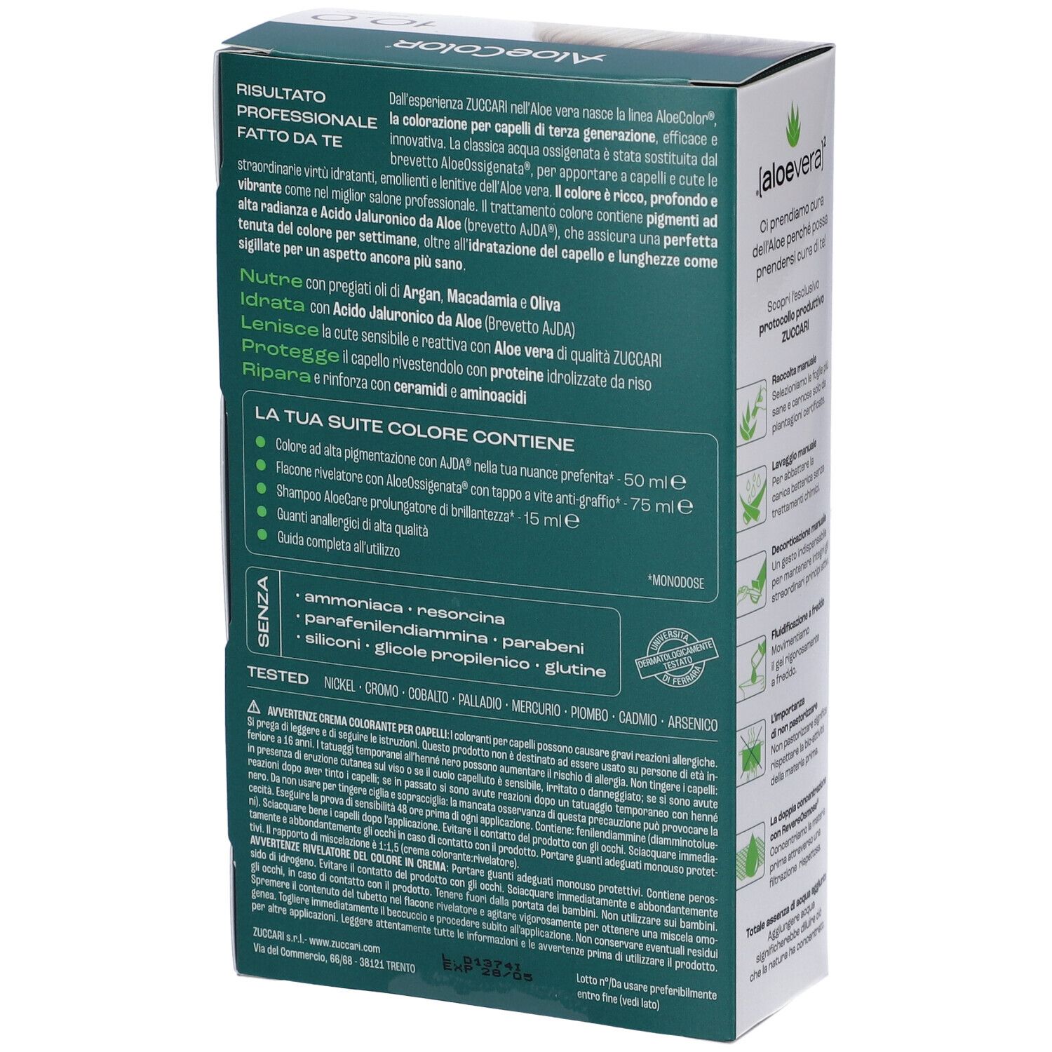 ALOECOLOR 10.0-biondo platino. Confezione con testo e informazioni sul prodotto. Include una bottiglia con applicatore.