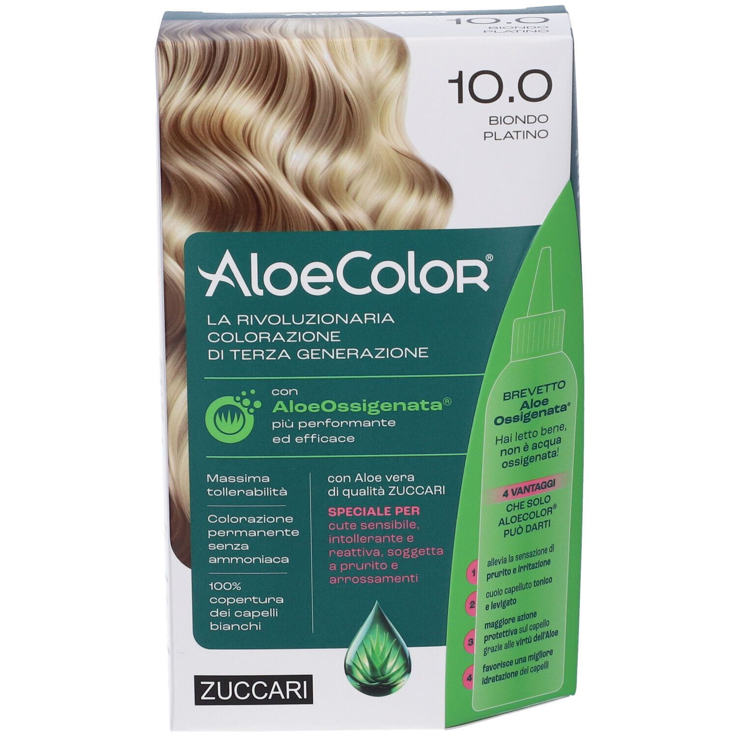 ALOECOLOR 10.0-biondo platino. Confezione con immagine del prodotto e testo. Include una bottiglia con applicatore.