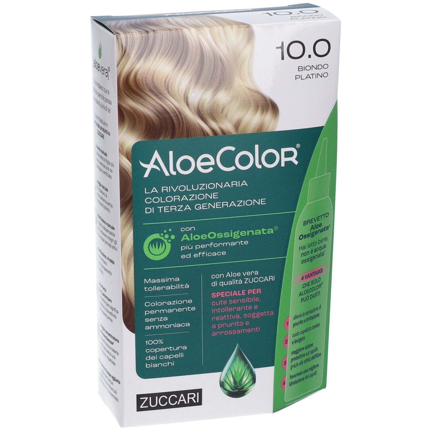 ALOECOLOR 10.0-biondo platino. Confezione con immagine del prodotto e testo. Include una bottiglia con applicatore.