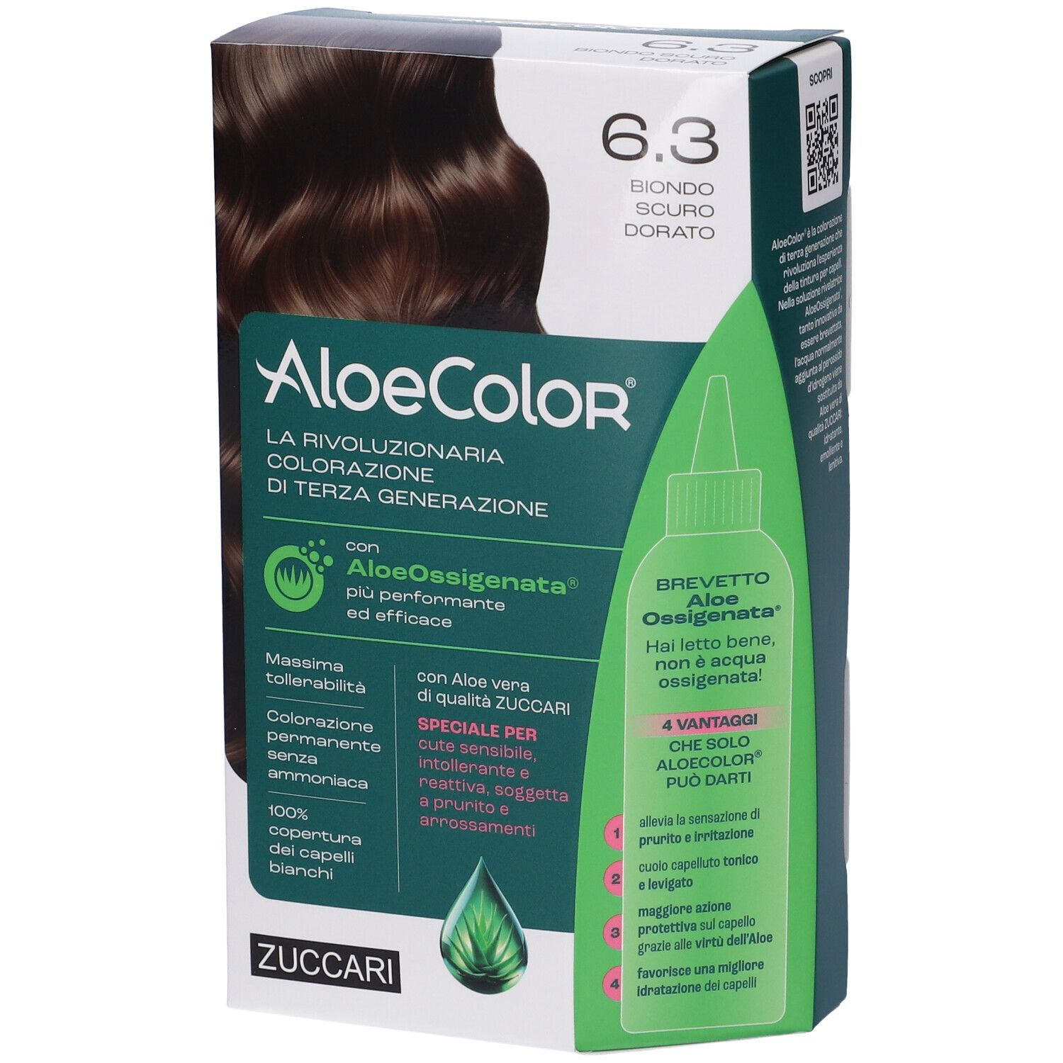 Confezione di colorazione per capelli AloeColor 6.3 biondo scuro dorato. Marchio Zuccari. Contiene AloeOxygénée. Colorazione permanente senza ammoniaca.