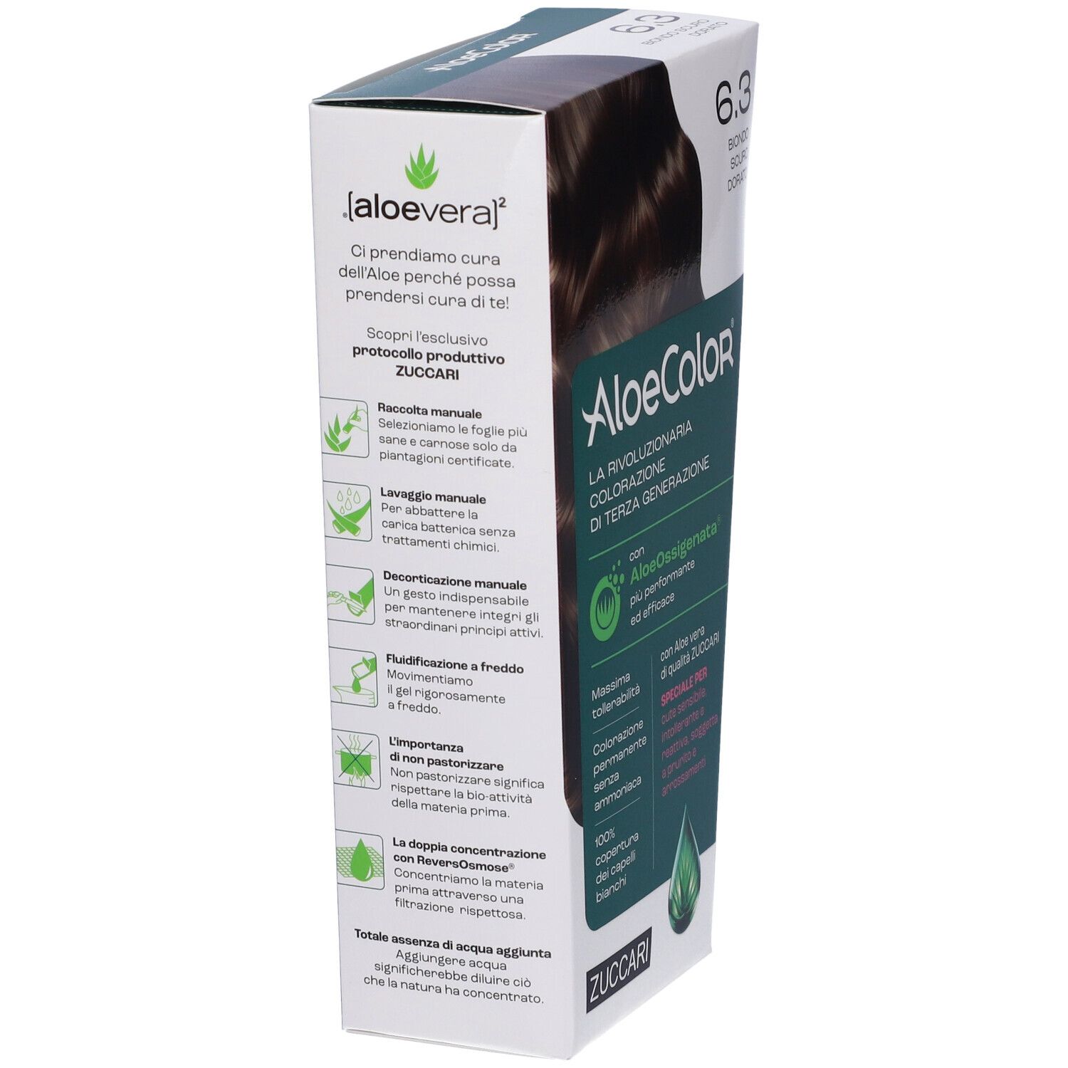 Confezione di colorazione per capelli AloeColor 6.3 biondo scuro dorato. Marchio Zuccari. Contiene AloeOxygénée. Colorazione permanente senza ammoniaca.