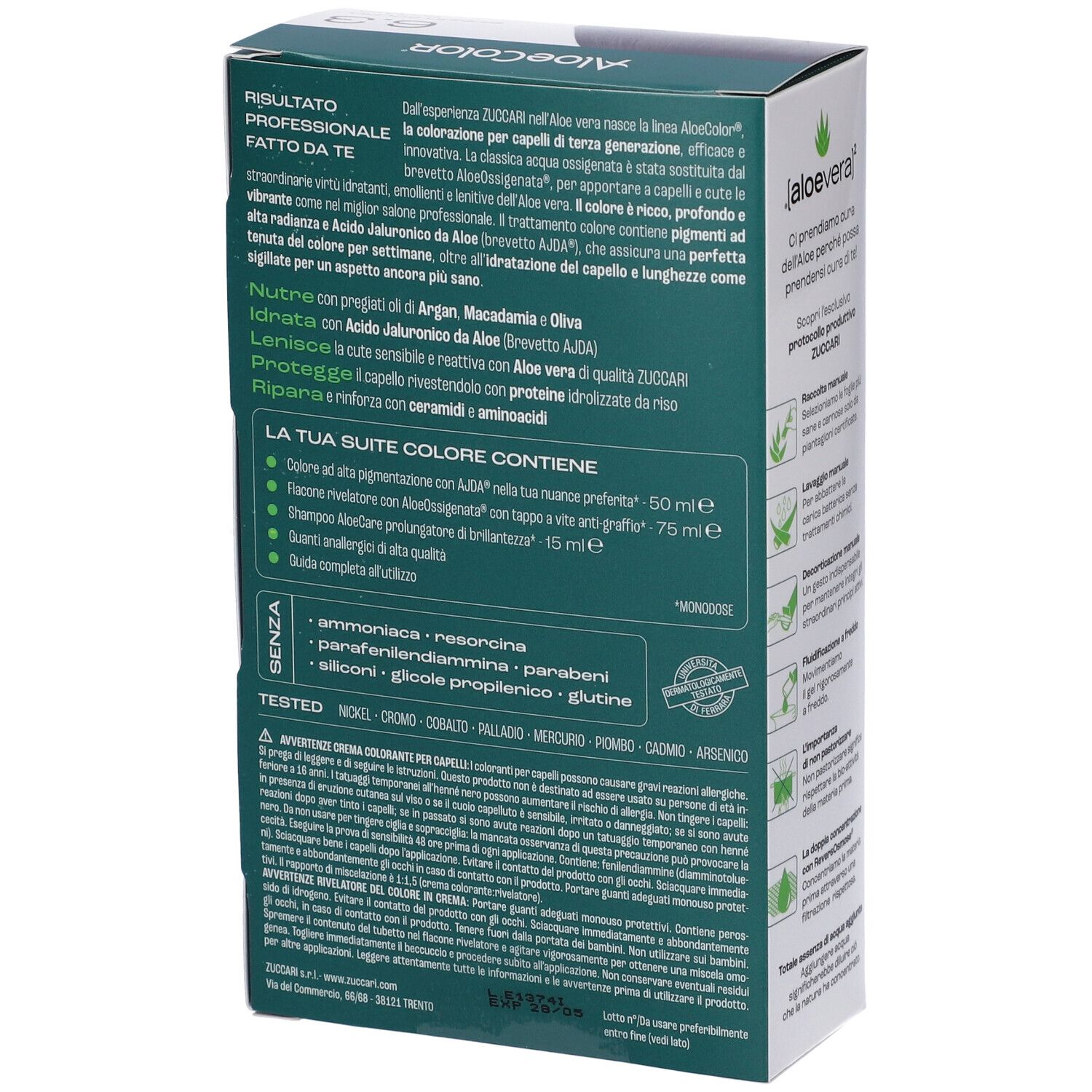 Confezione di colorazione per capelli AloeColor 6.3 biondo scuro dorato. Marchio Zuccari. Contiene AloeOxygénée. Colorazione permanente senza ammoniaca.