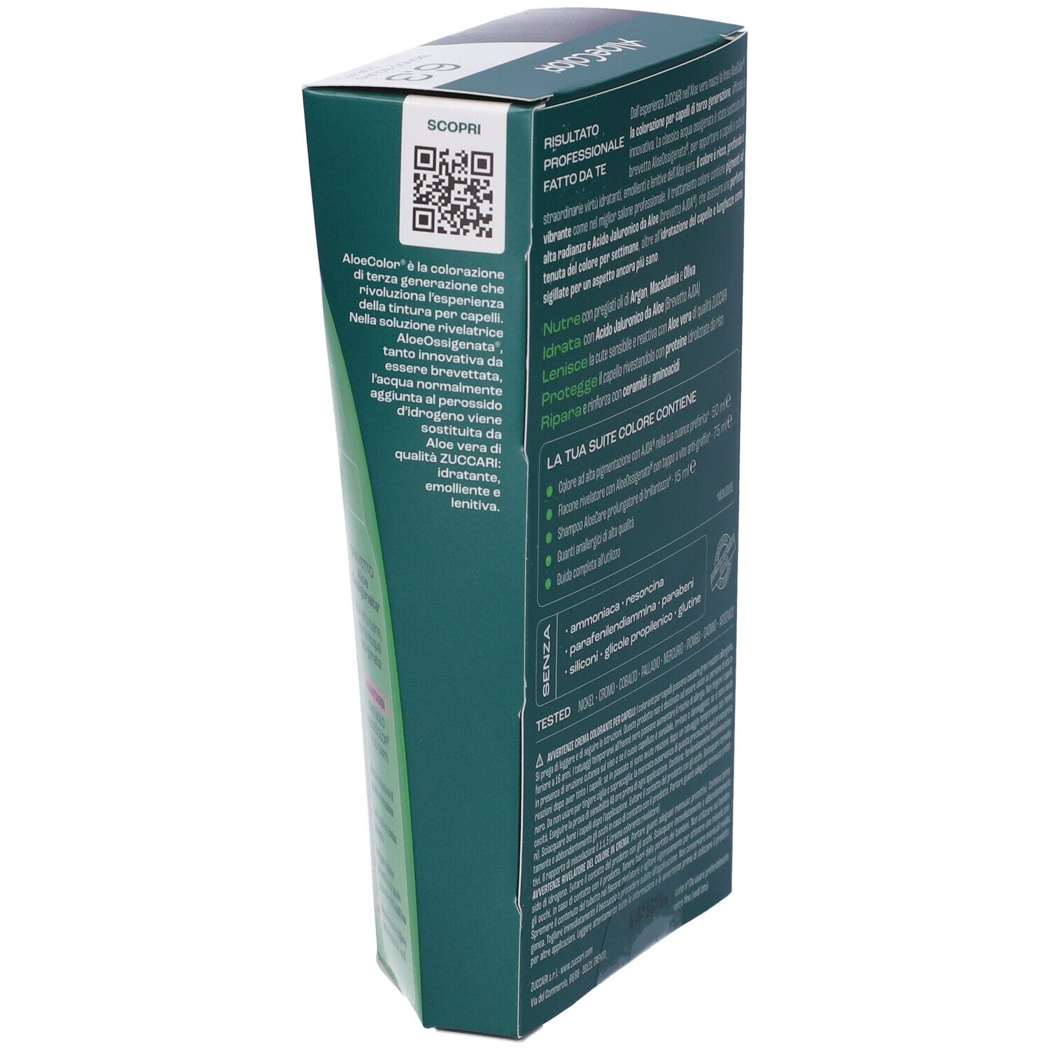 Confezione di colorazione per capelli AloeColor 6.3 biondo scuro dorato. Marchio Zuccari. Contiene AloeOxygénée. Colorazione permanente senza ammoniaca.