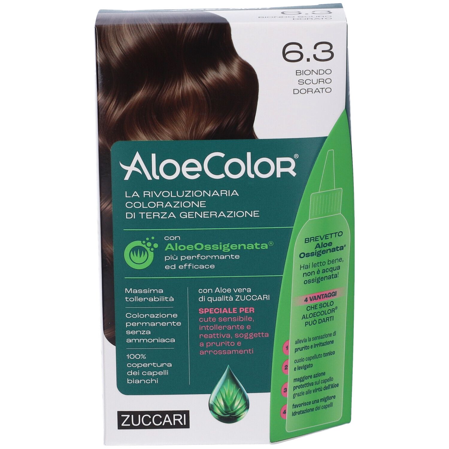 Confezione di colorazione per capelli AloeColor 6.3 biondo scuro dorato. Marchio Zuccari. Contiene AloeOxygénée. Colorazione permanente senza ammoniaca.