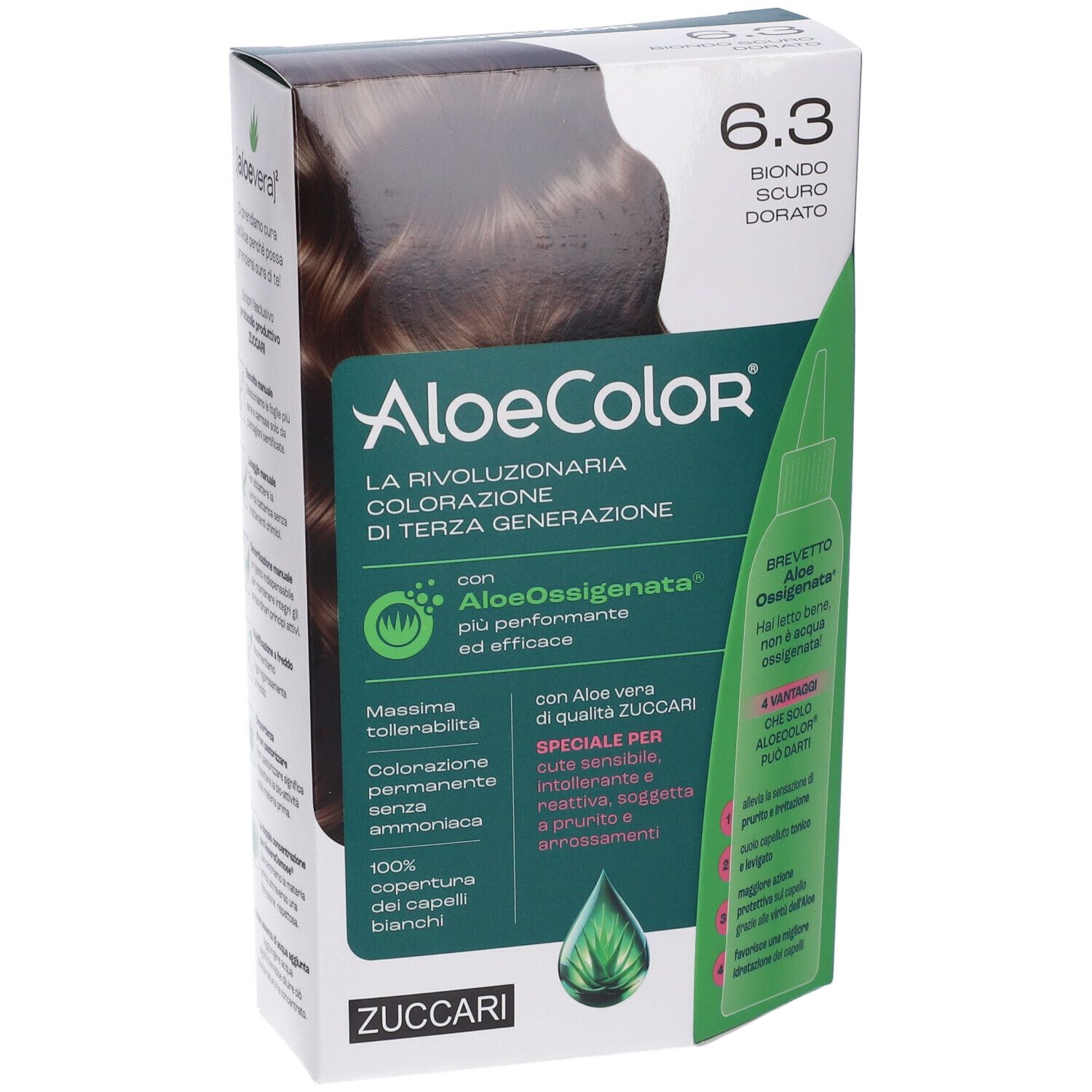 Confezione di colorazione per capelli AloeColor 6.3 biondo scuro dorato. Marchio Zuccari. Contiene AloeOxygénée. Colorazione permanente senza ammoniaca.