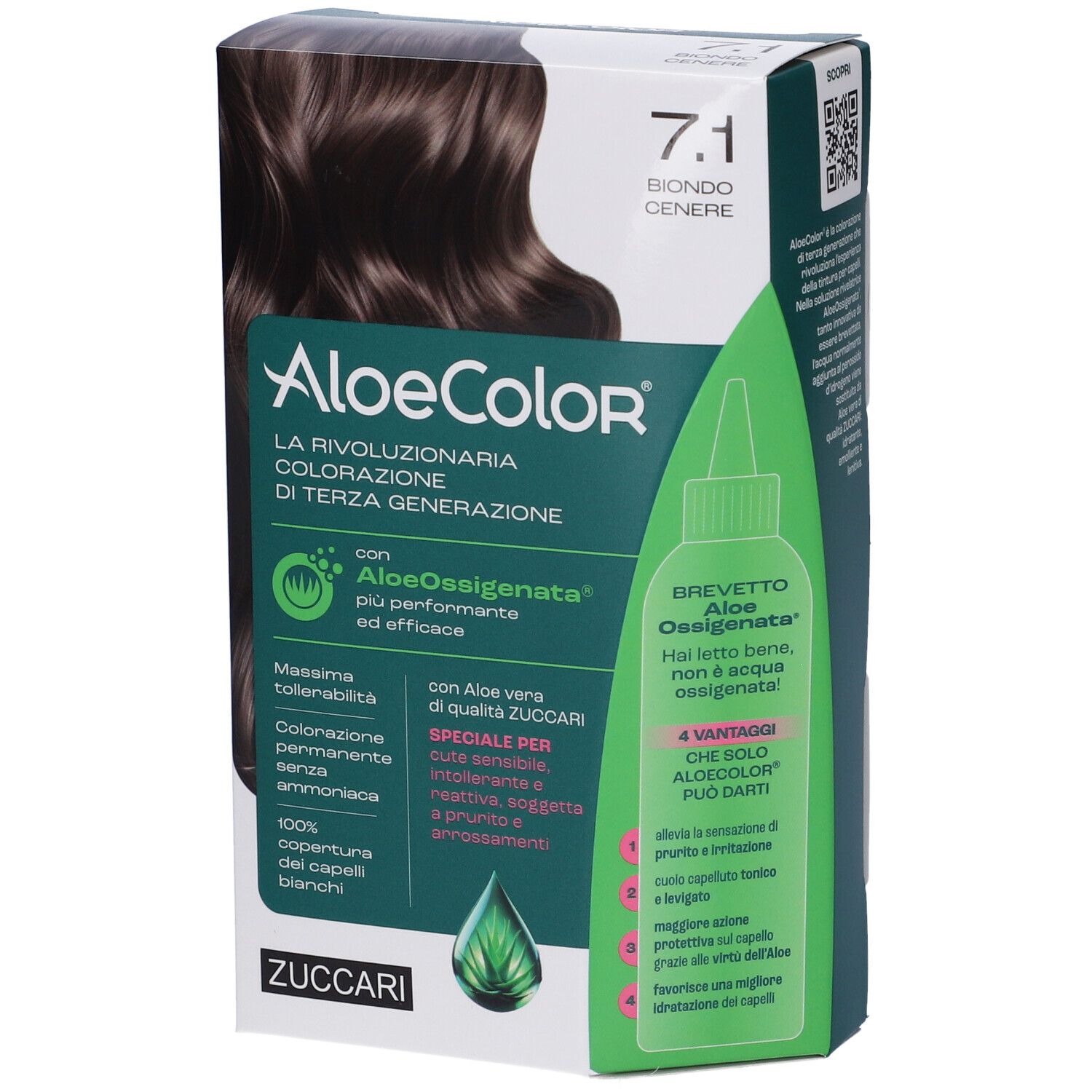 ALOECOLOR 7.1-Biondo Cenere. Confezione del prodotto con immagine e testo. Contiene aloe vera. Marchio: ZUCCARI.