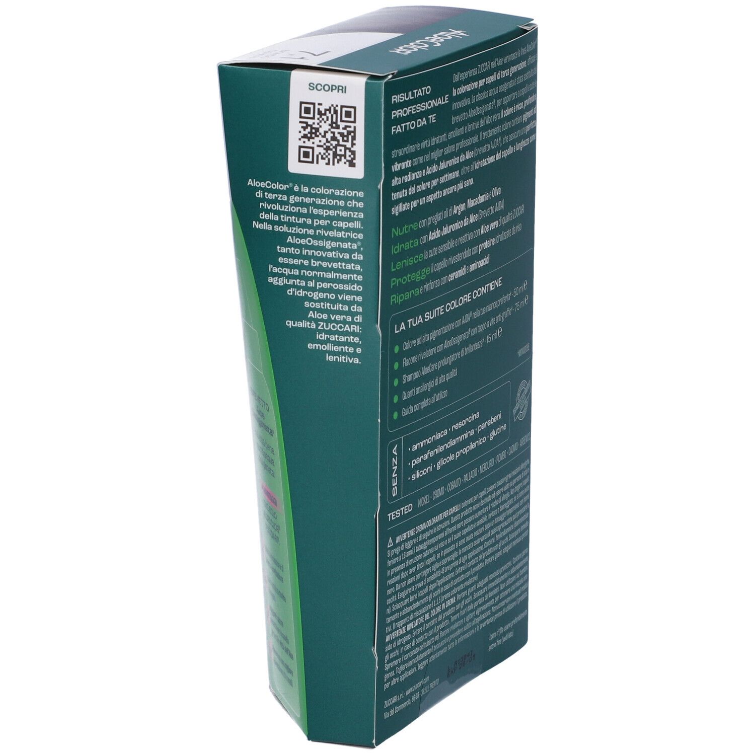 Confezione ALOECOLOR. Vista laterale con testo e codice QR. Contiene informazioni sul prodotto e sugli ingredienti.