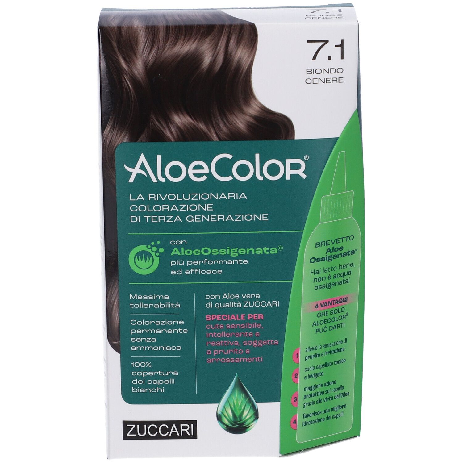 ALOECOLOR 7.1-Biondo Cenere. Confezione del prodotto con immagine e testo. Contiene aloe vera. Marchio: ZUCCARI.