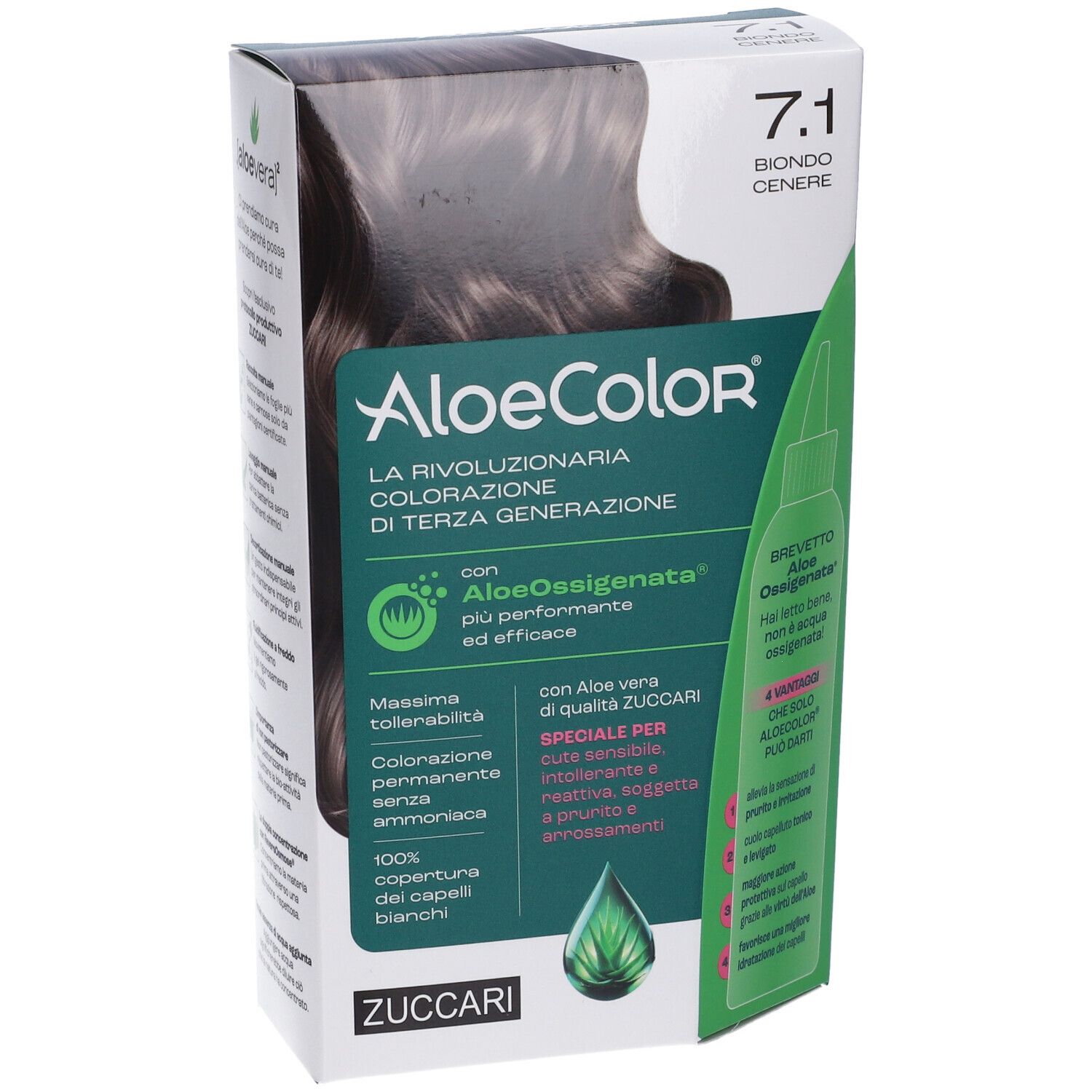 ALOECOLOR 7.1-Biondo Cenere. Confezione del prodotto con immagine e testo. Contiene aloe vera. Marchio: ZUCCARI.