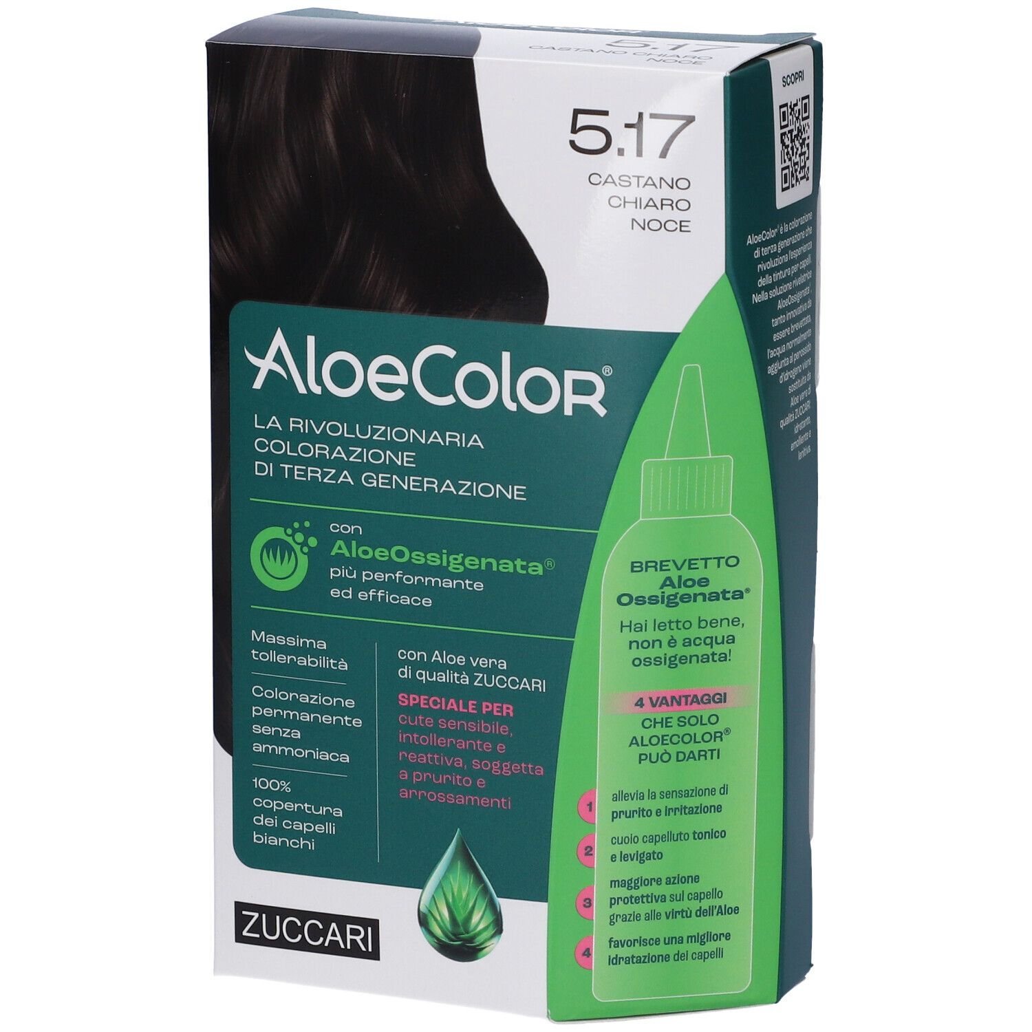 Confezione ALOECOLOR 5.17 castano chiaro noce. Contiene una bottiglia con Aloe Ossigenata. Logo ZUCCARI.