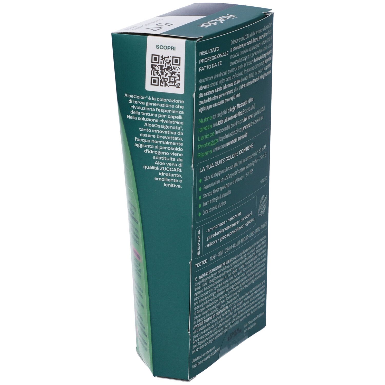 Confezione ALOECOLOR, vista laterale con informazioni prodotto. Dettagli ingredienti e processo di fabbricazione.