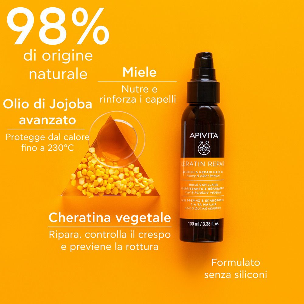 Apivita Keratin Repair Hair Oil. Testo: 98% origine naturale, miele, olio di jojoba, cheratina vegetale.