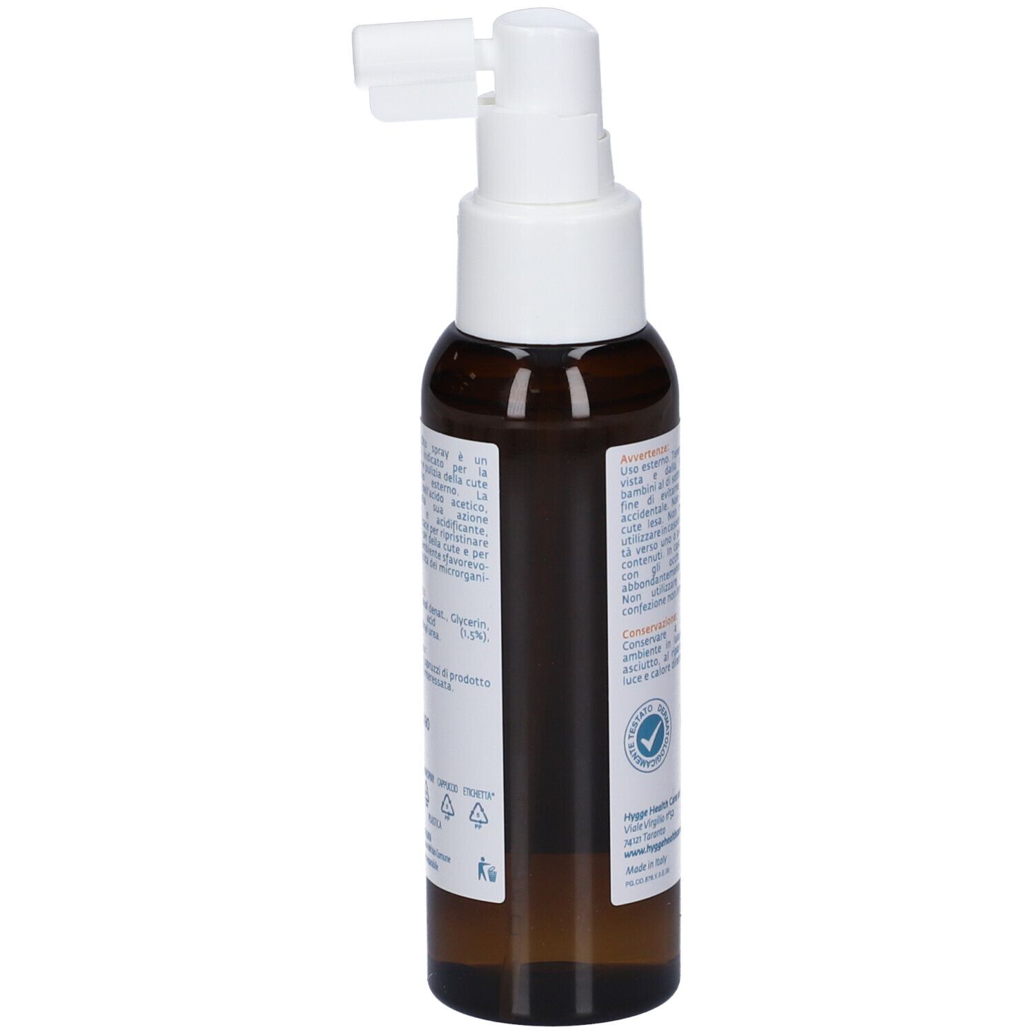 Flacone spray marrone con applicatore bianco, etichetta con informazioni sul prodotto e sigilli.