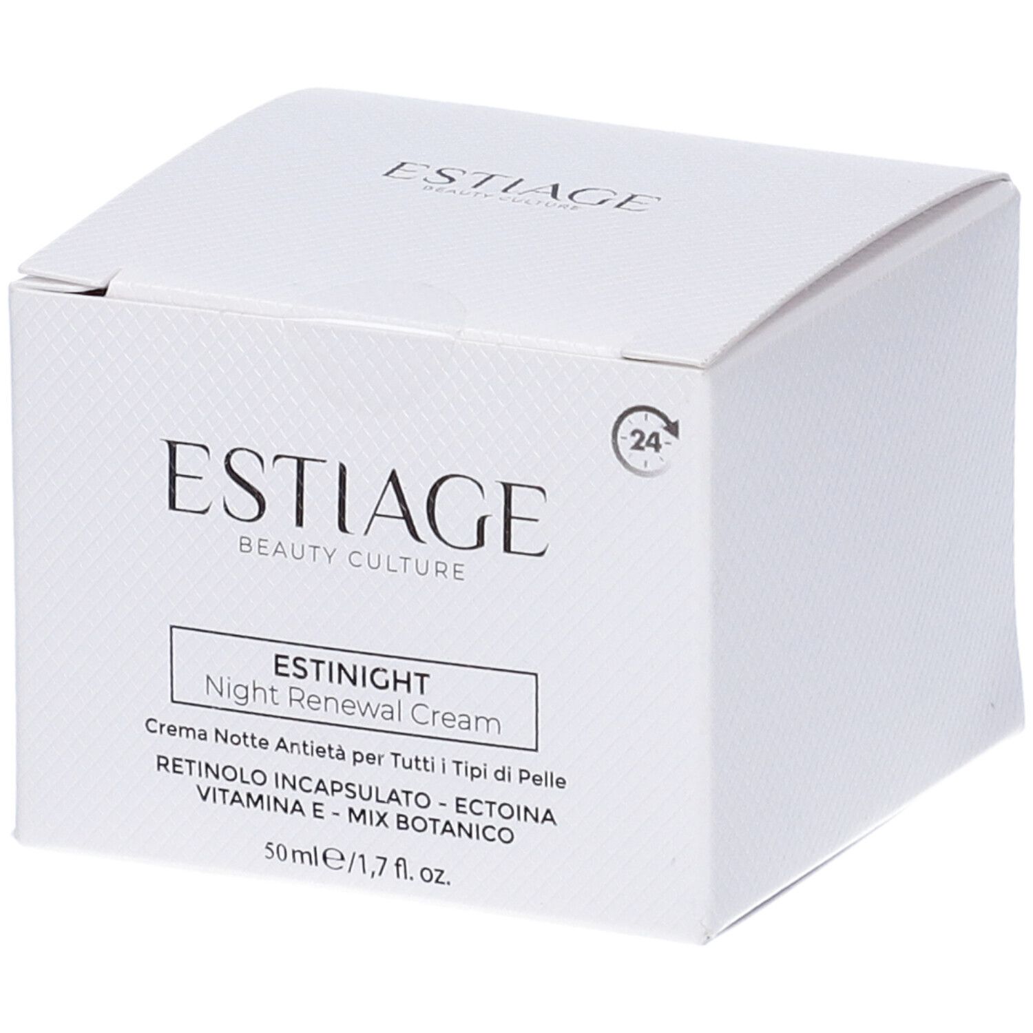 Scatola bianca con scritta: ESTIAGE BEAUTY CULTURE, ESTINIGHT Night Renewal Cream. 50ml/1,7 fl. oz.