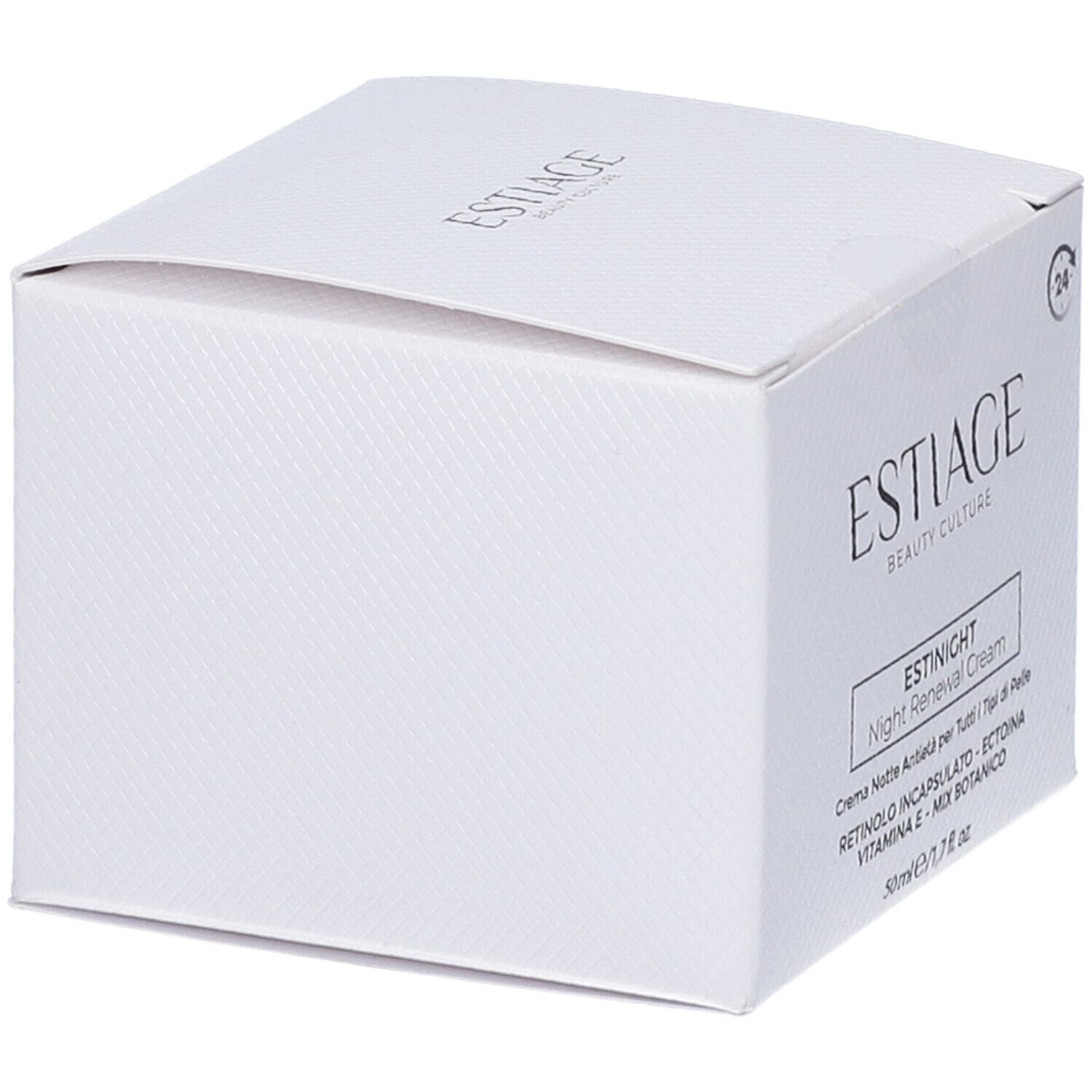 Scatola bianca con scritta: ESTIAGE BEAUTY CULTURE, ESTINIGHT Night Renewal Cream. 50ml/1,7 fl. oz.