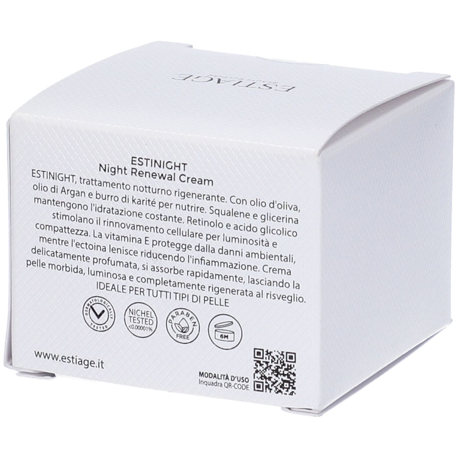 Scatola bianca con testo. Scritta: ESTIAGE BEAUTY CULTURE, ESTINIGHT Night Renewal Cream. Codice QR.