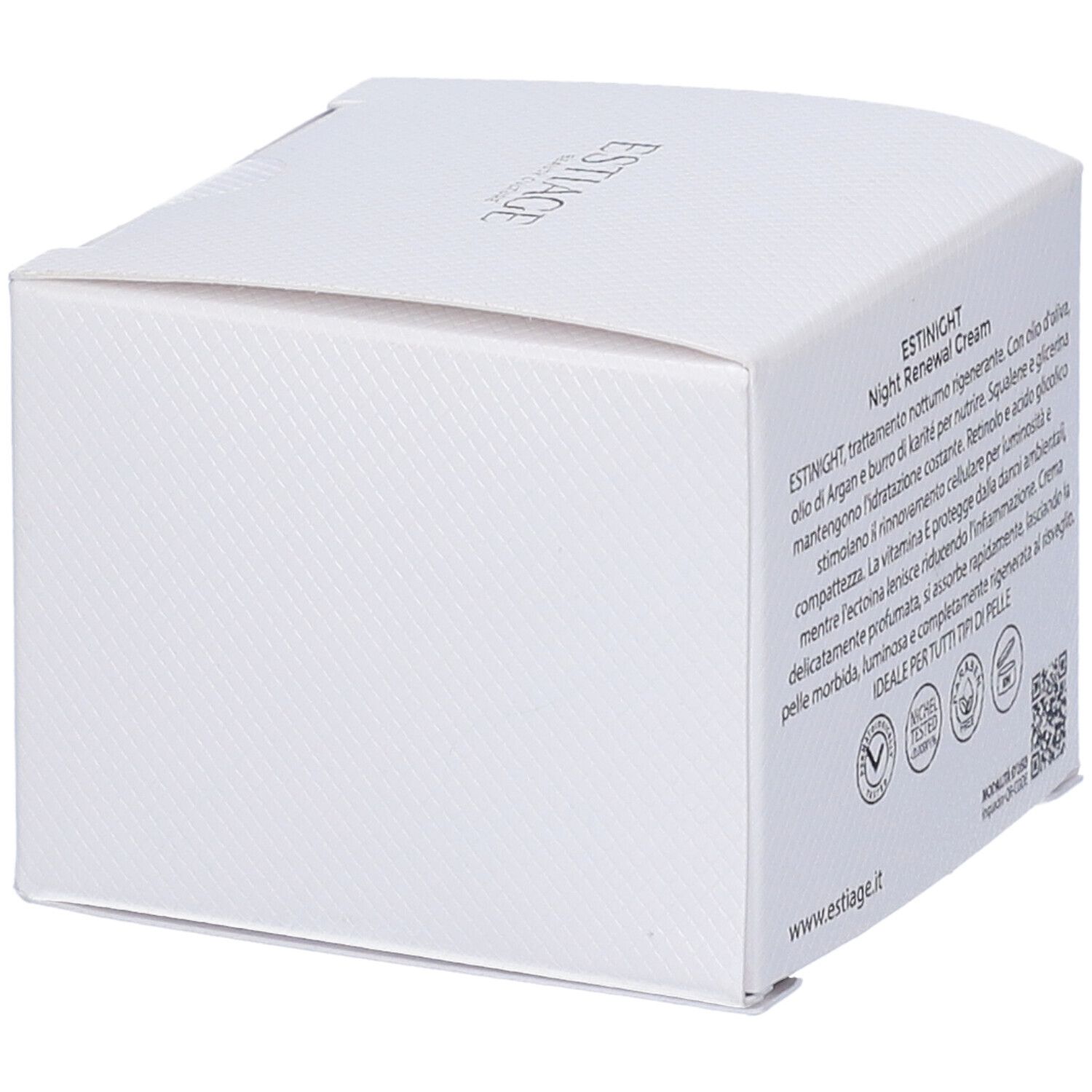 Scatola bianca con testo. Scritta: ESTIAGE BEAUTY CULTURE, ESTINIGHT Night Renewal Cream. Codice QR.