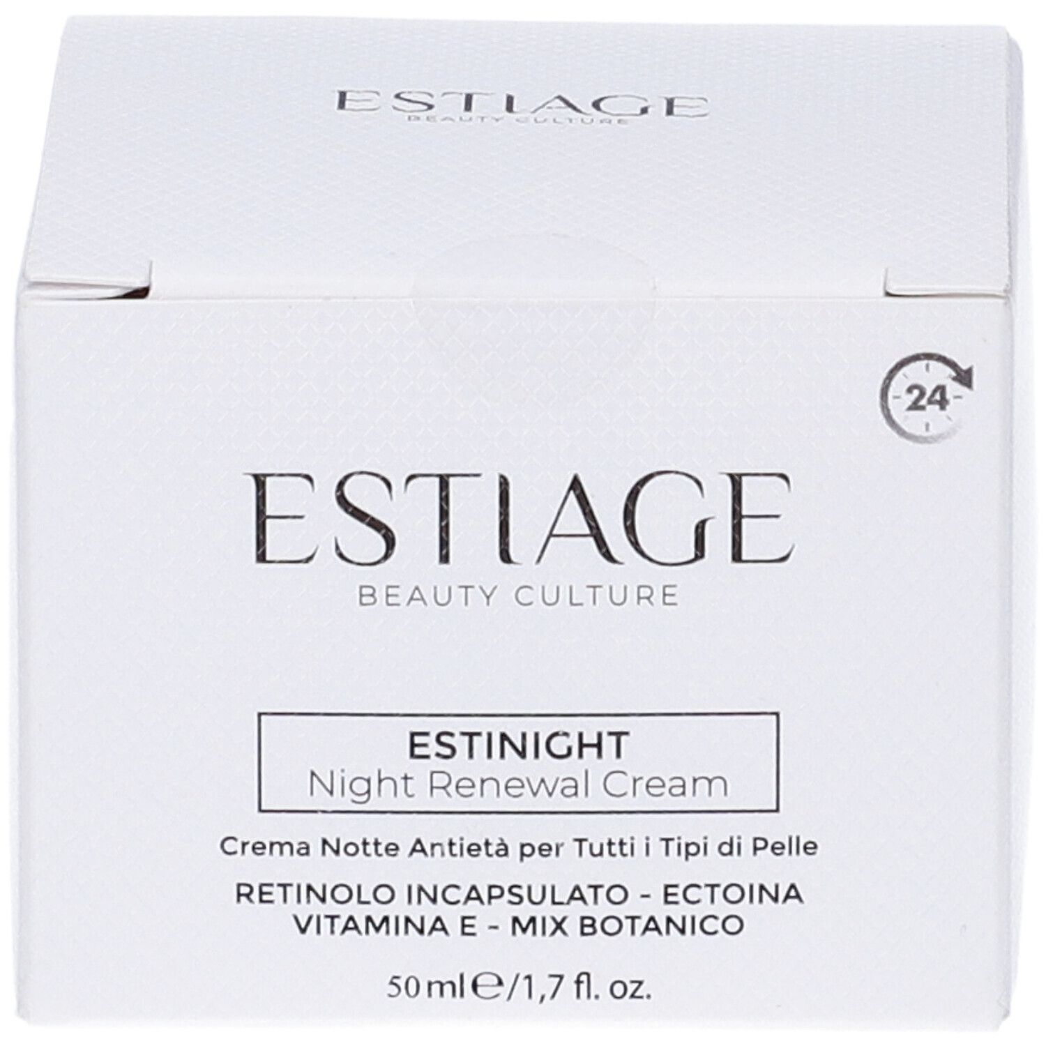 Scatola bianca con scritta: ESTIAGE BEAUTY CULTURE, ESTINIGHT Night Renewal Cream. 50ml/1,7 fl. oz.