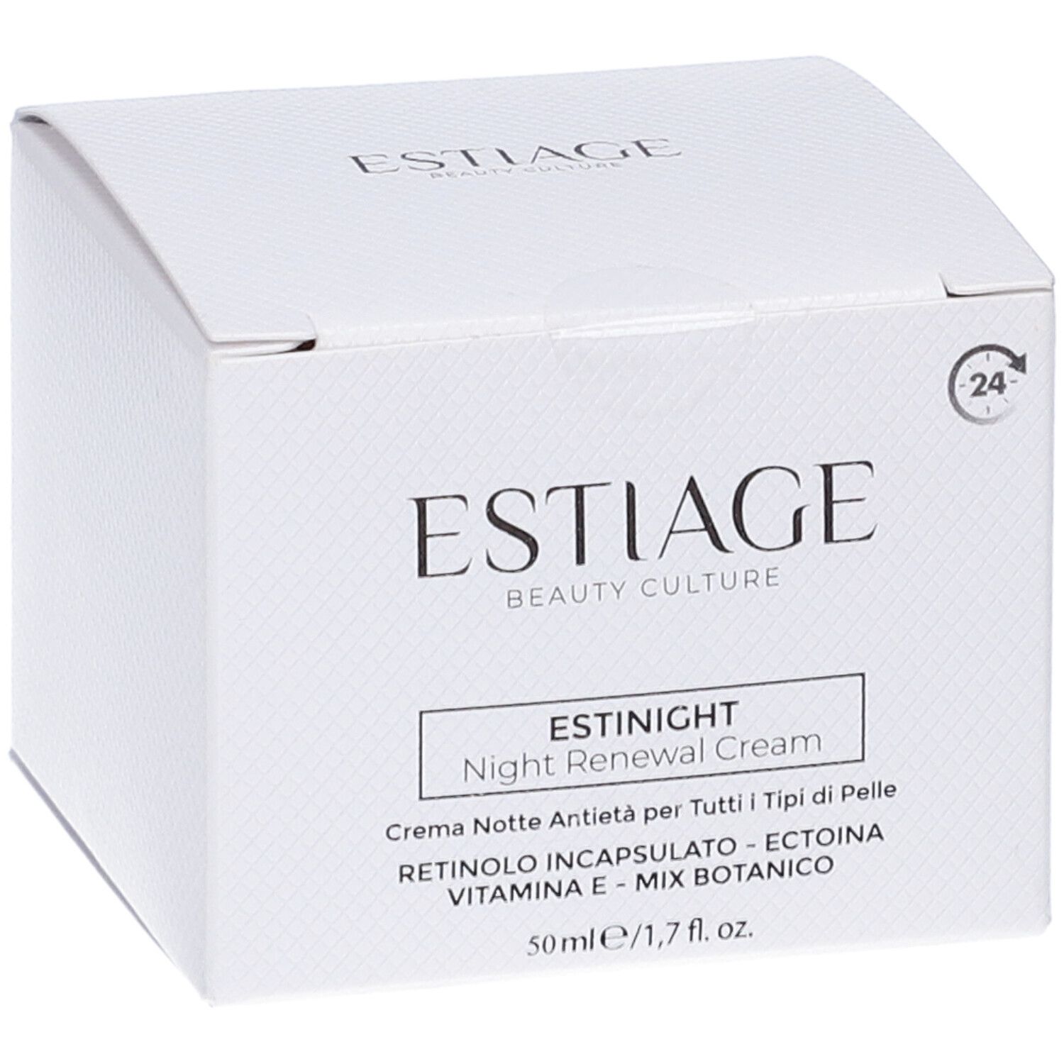 Scatola bianca con scritta: ESTIAGE BEAUTY CULTURE, ESTINIGHT Night Renewal Cream. 50ml/1,7 fl. oz.
